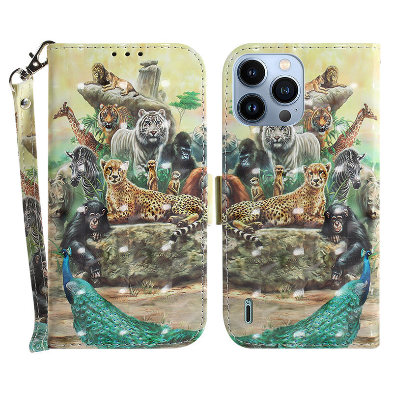 Stand Shell for iPhone 15 Pro PU Leather Wallet Cover 3D Pattern Printed Phone Case with Strap
