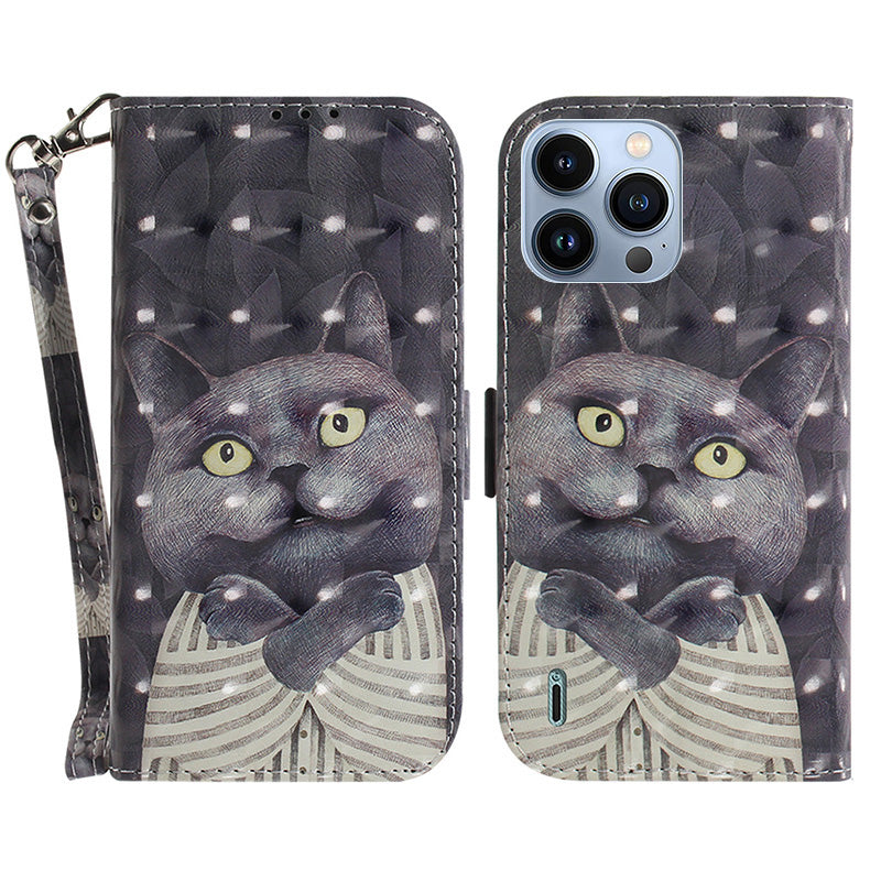 Stand Shell for iPhone 15 Pro PU Leather Wallet Cover 3D Pattern Printed Phone Case with Strap