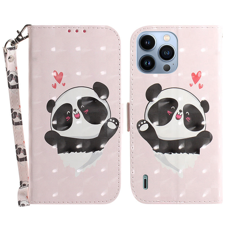 Stand Shell for iPhone 15 Pro PU Leather Wallet Cover 3D Pattern Printed Phone Case with Strap