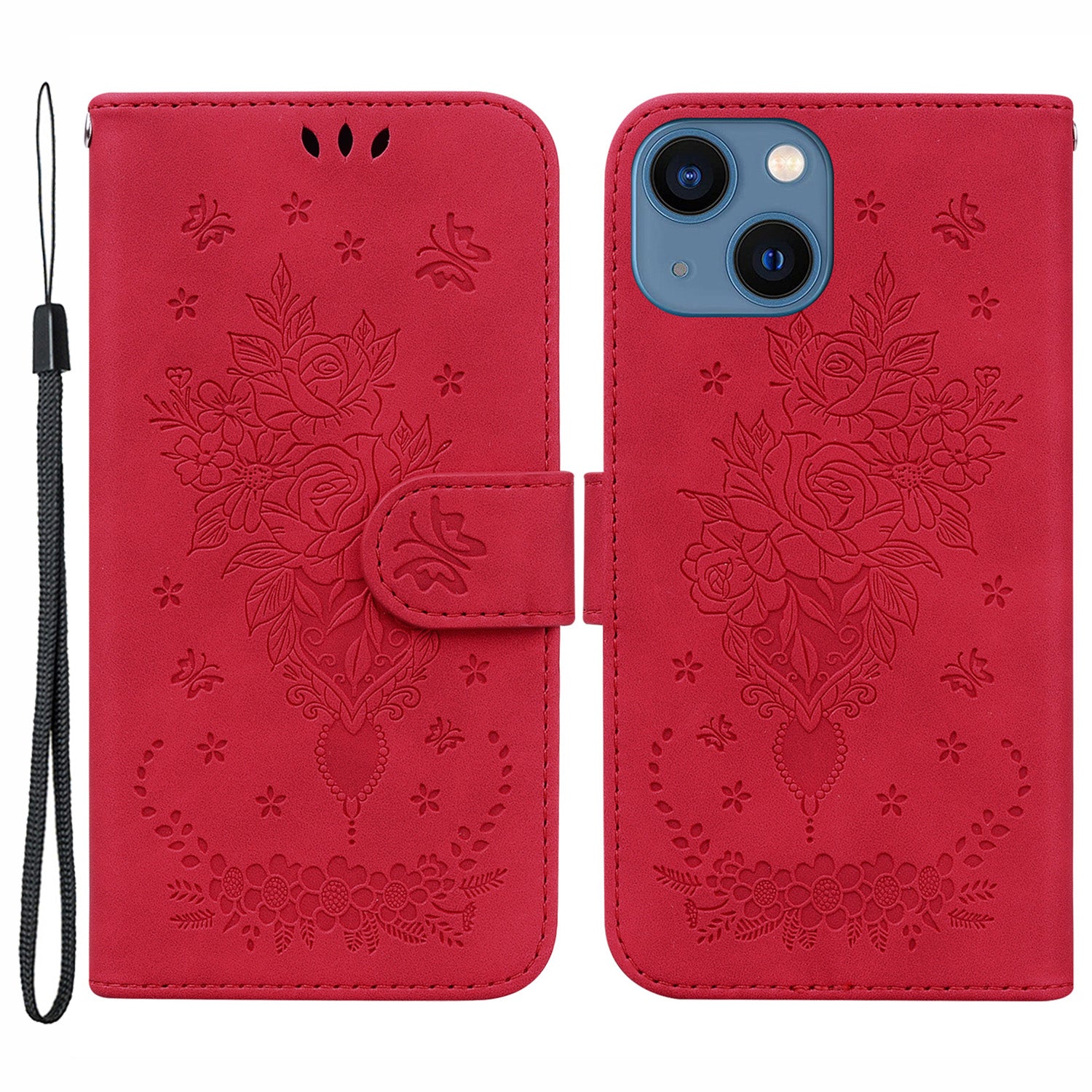 Stand Wallet Phone Case for iPhone 15 Plus Rose Butterfly Imprinted Phone Leather Cover