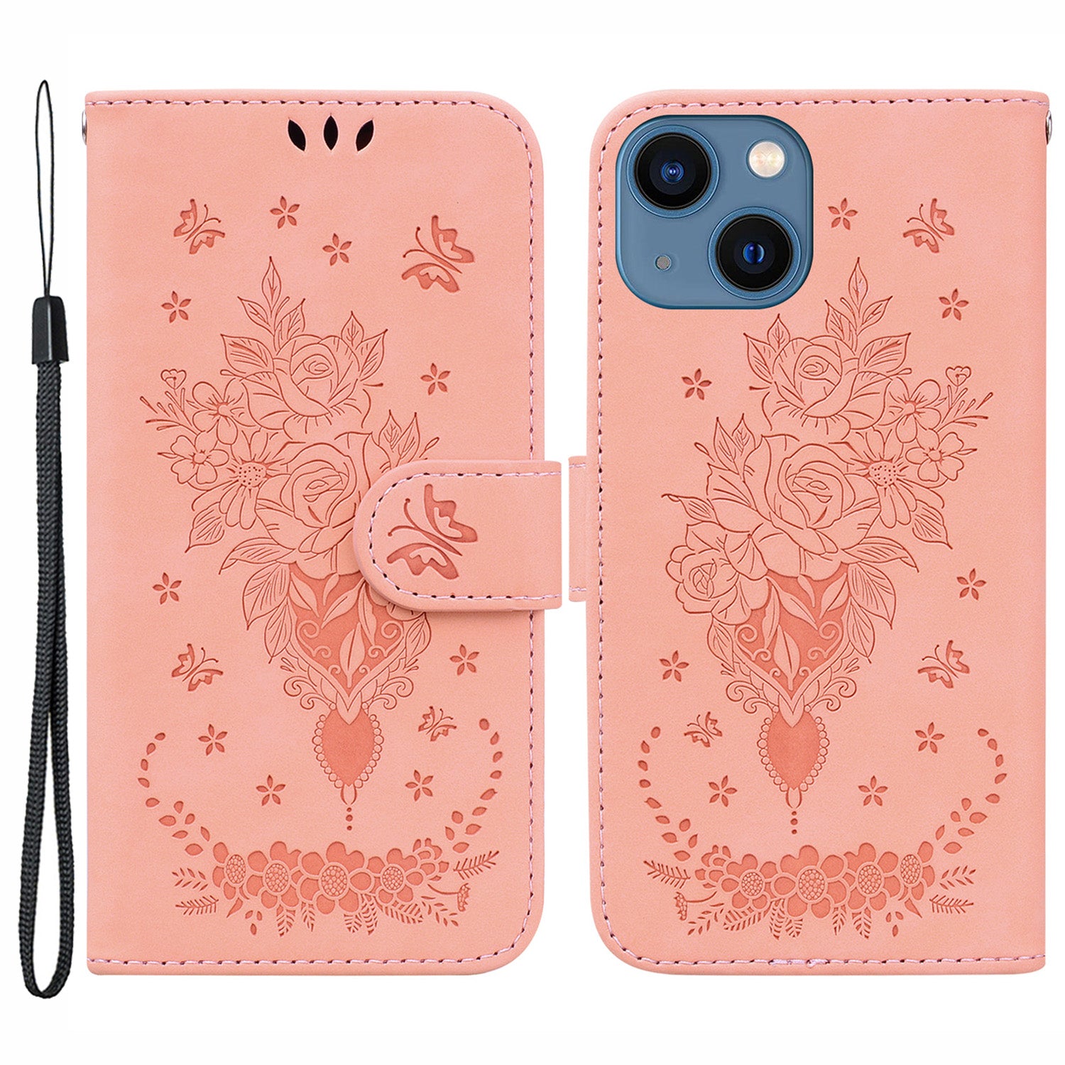 Stand Wallet Phone Case for iPhone 15 Plus Rose Butterfly Imprinted Phone Leather Cover