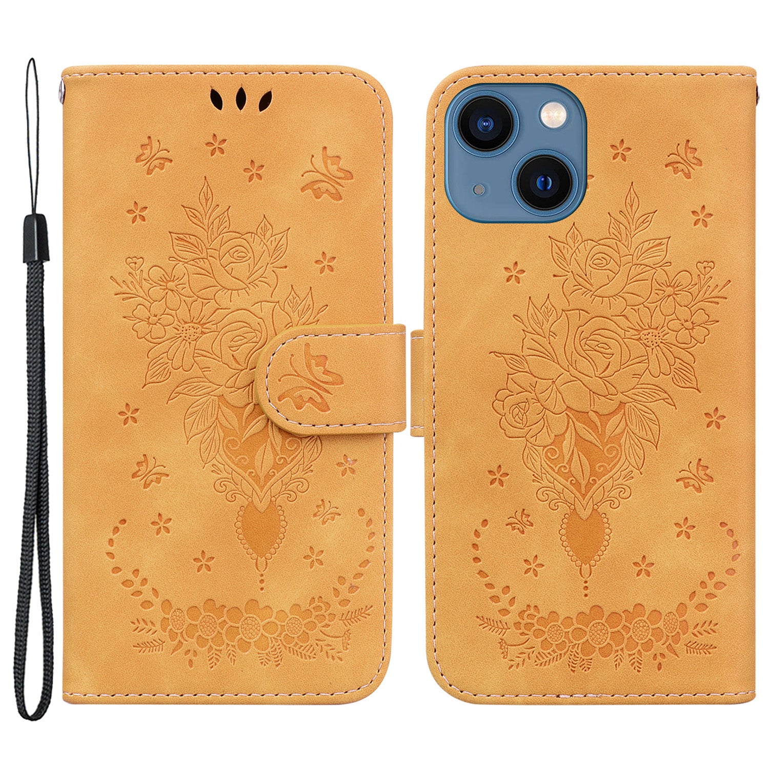 Stand Wallet Phone Case for iPhone 15 Plus Rose Butterfly Imprinted Phone Leather Cover