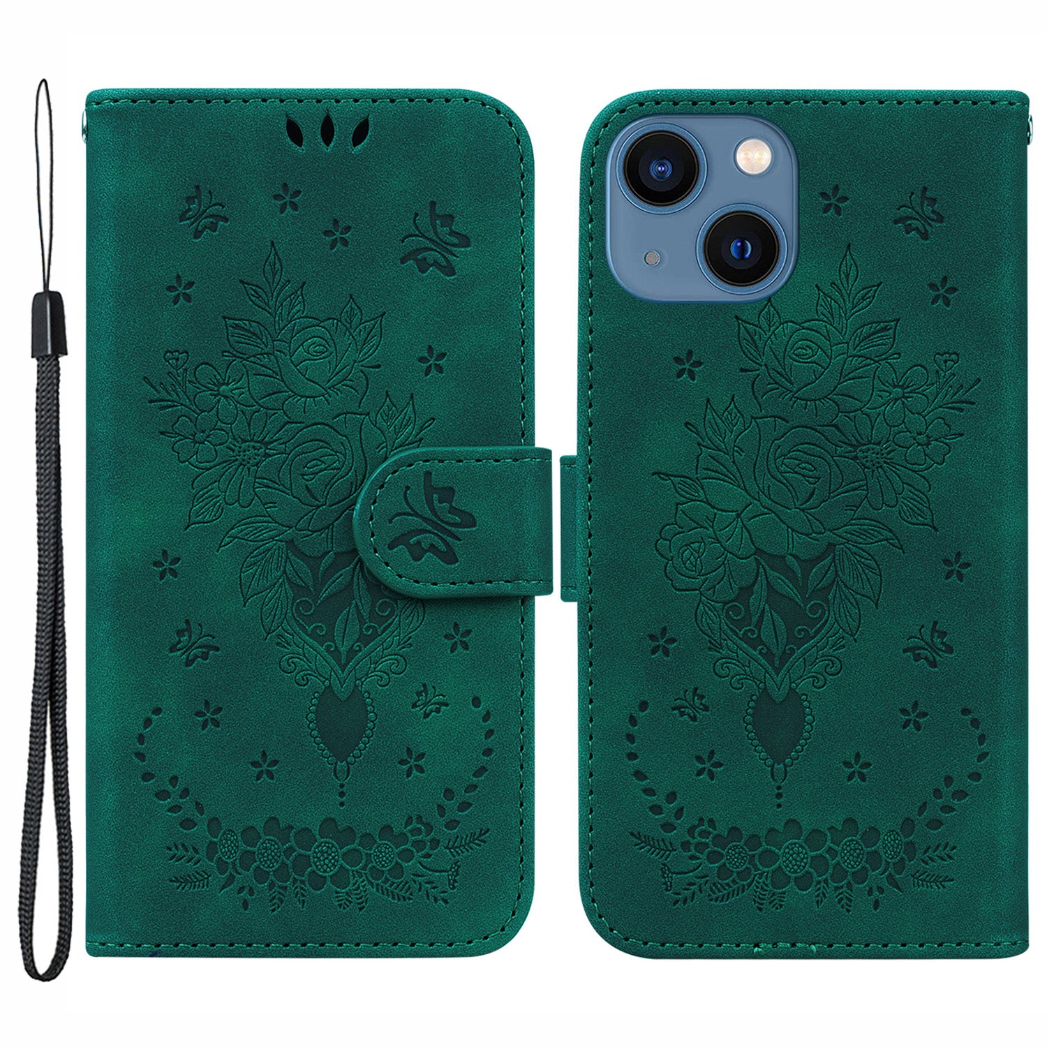 Stand Wallet Phone Case for iPhone 15 Plus Rose Butterfly Imprinted Phone Leather Cover