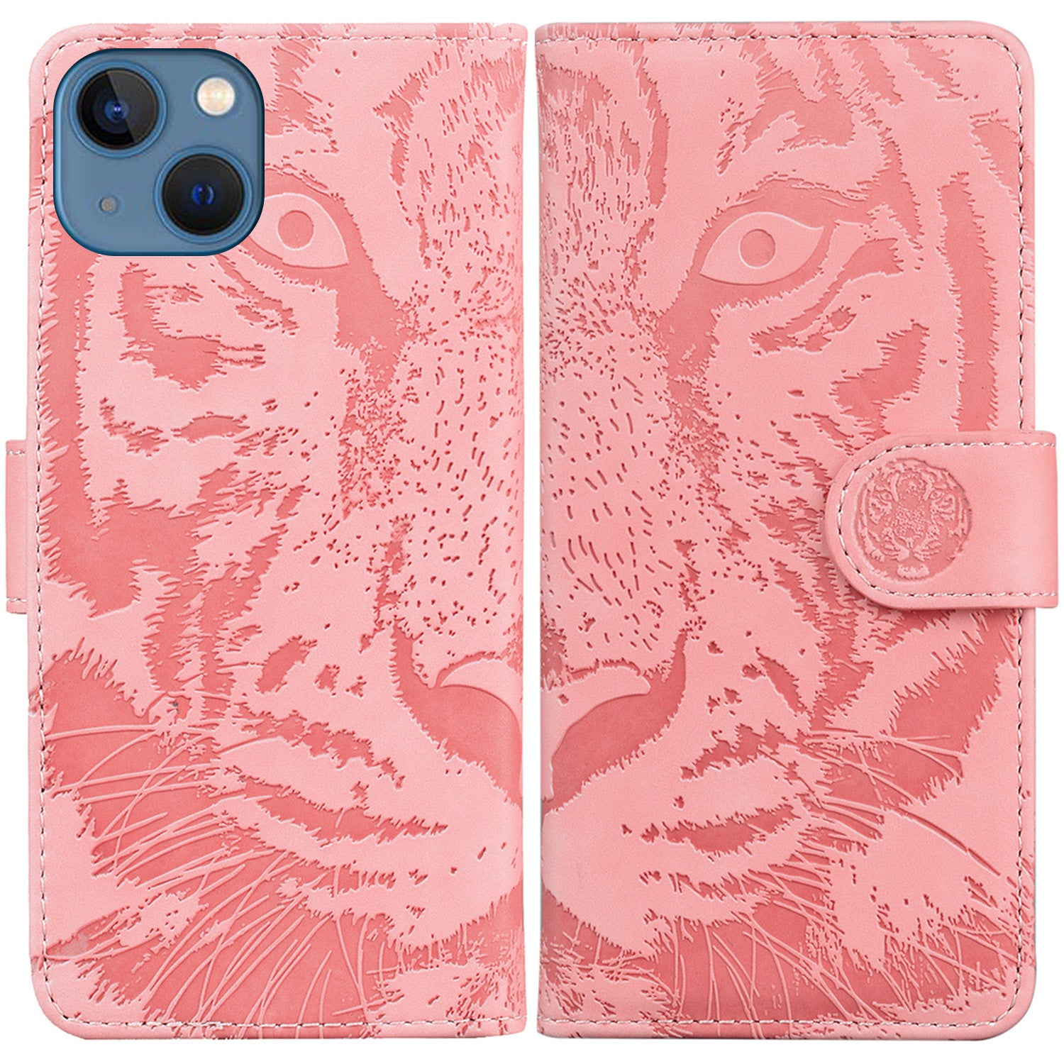 For iPhone 15 Plus PU Leather Imprinted Tiger Phone Case Wallet Stand Anti-drop Cover