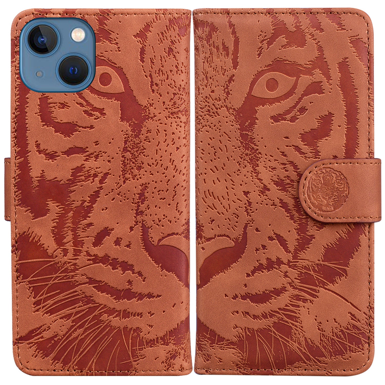 For iPhone 15 Plus PU Leather Imprinted Tiger Phone Case Wallet Stand Anti-drop Cover