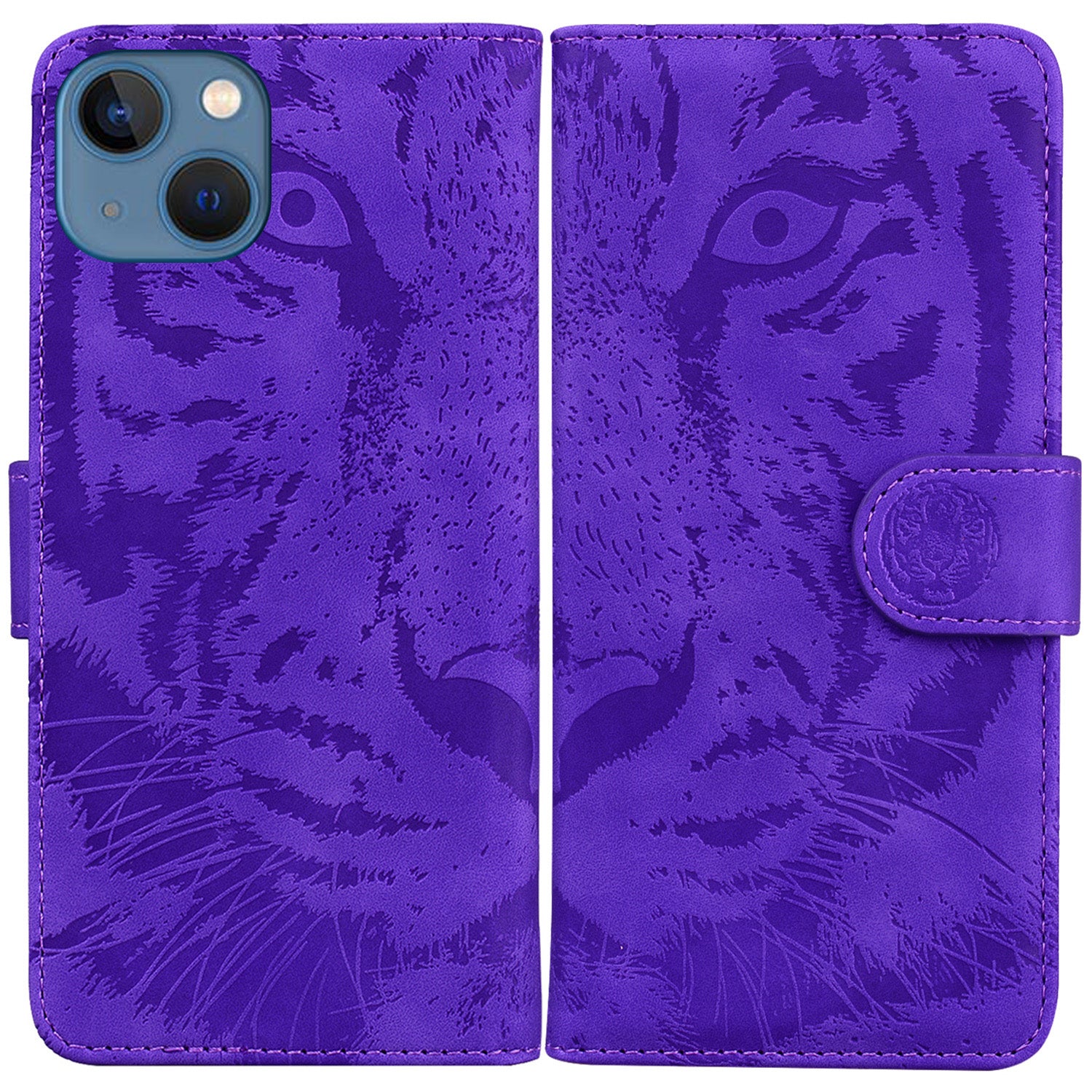 For iPhone 15 Plus PU Leather Imprinted Tiger Phone Case Wallet Stand Anti-drop Cover