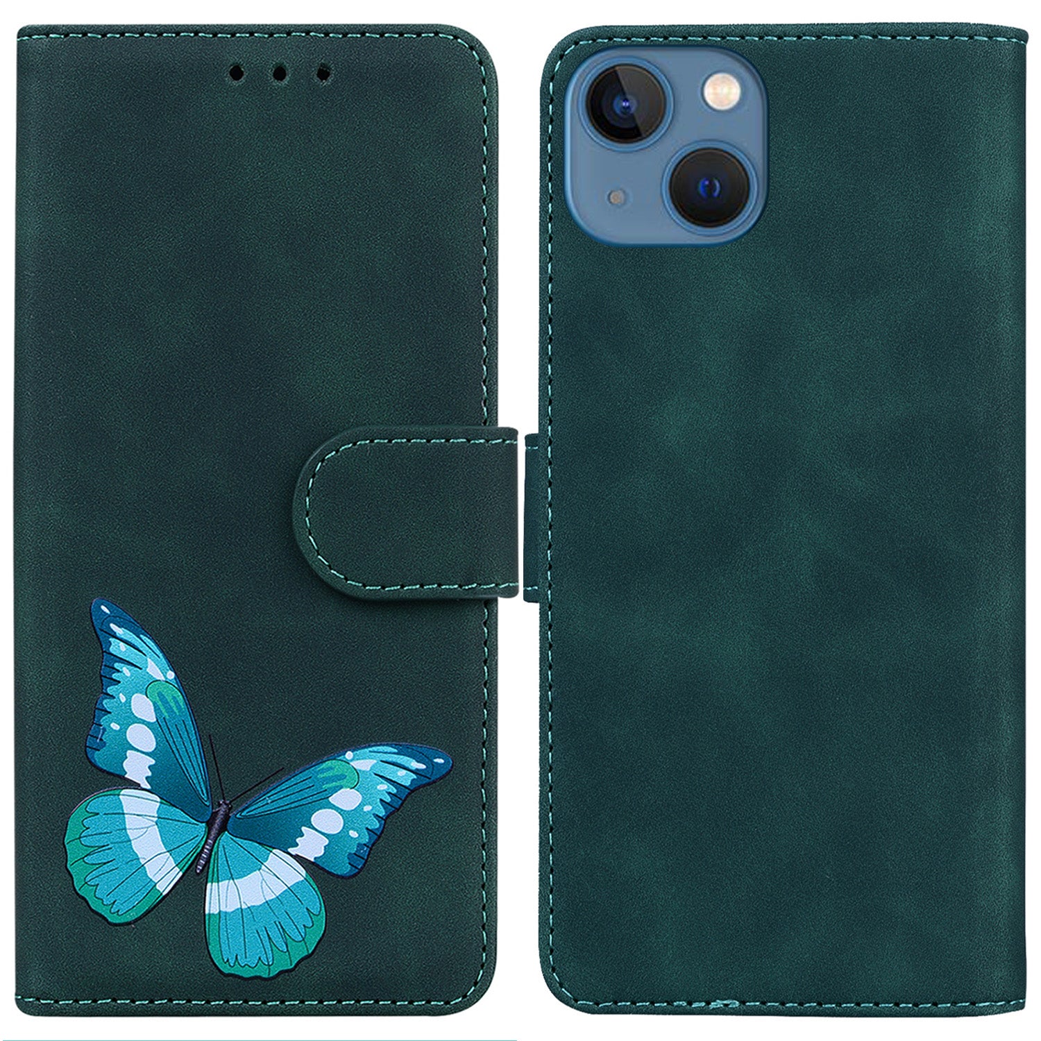 PU Leather Shell for iPhone 15 Anti-scratch Flip Stand Wallet Case Butterfly Printing Phone Cover