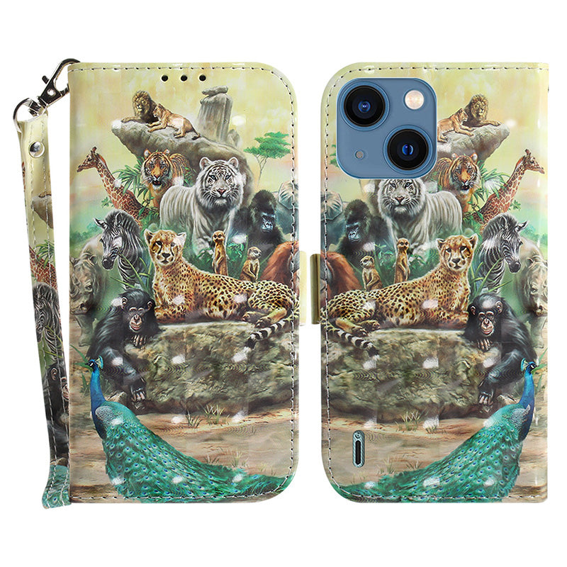 Anti-scratch Wallet Cover for iPhone 15 PU Leather 3D Pattern Printed Stand Phone Case with Strap