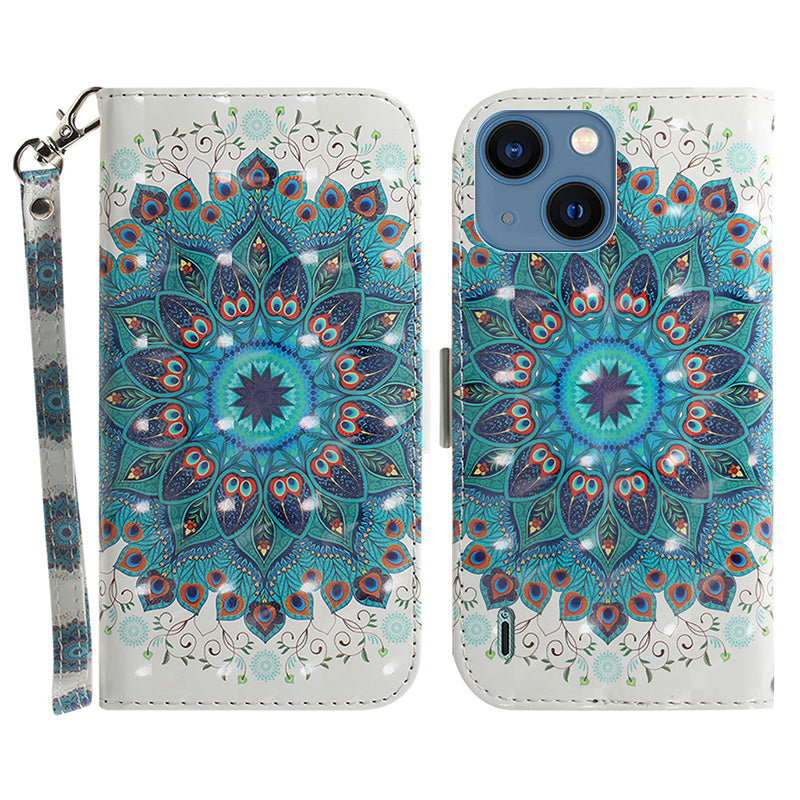 Anti-scratch Wallet Cover for iPhone 15 PU Leather 3D Pattern Printed Stand Phone Case with Strap