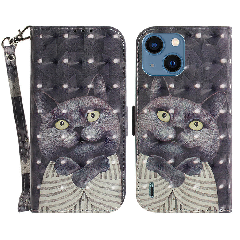 Anti-scratch Wallet Cover for iPhone 15 PU Leather 3D Pattern Printed Stand Phone Case with Strap