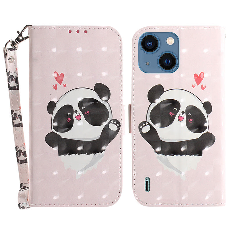 Anti-scratch Wallet Cover for iPhone 15 PU Leather 3D Pattern Printed Stand Phone Case with Strap