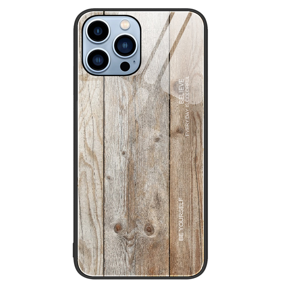 Til iPhone 15 Pro Max Wood Grain Design Phone Case Hærdet glas Bagside TPU ramme Bagcover