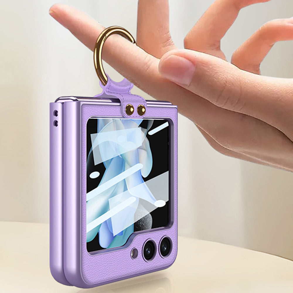 GKK For Samsung Galaxy Z Flip5 5G Ring Kickstand Case PU Leather PC Phone Cover with Small Screen Film