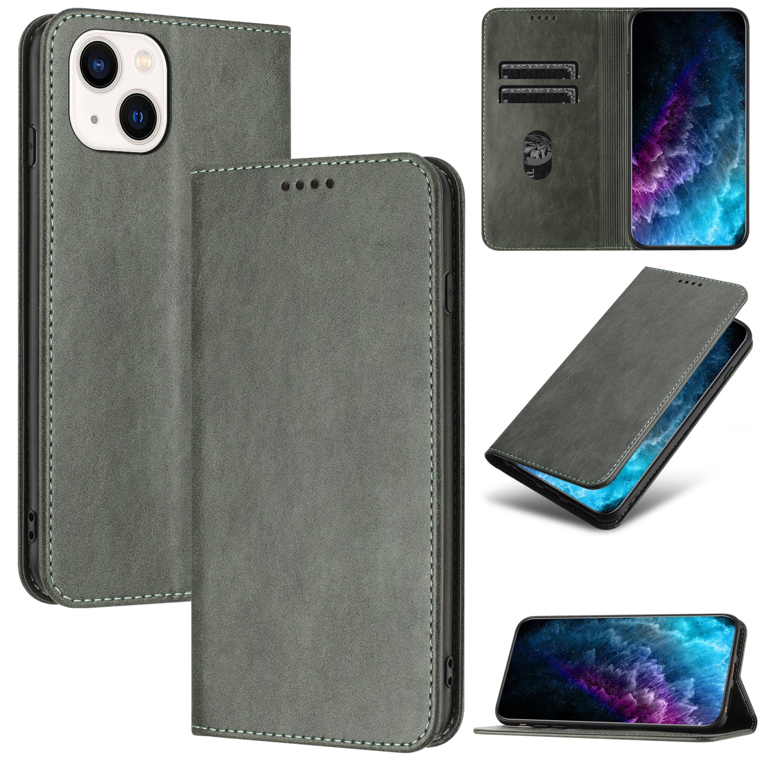 RFID Blocking Card Holder Case for iPhone 13 PU Leather Stand Magnetic Closure Phone Cover