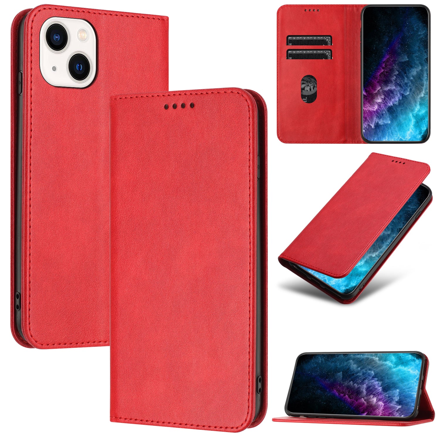 RFID Blocking Phone Stand Cover for iPhone 14 PU Leather Magnetic Closure Card Holder Case