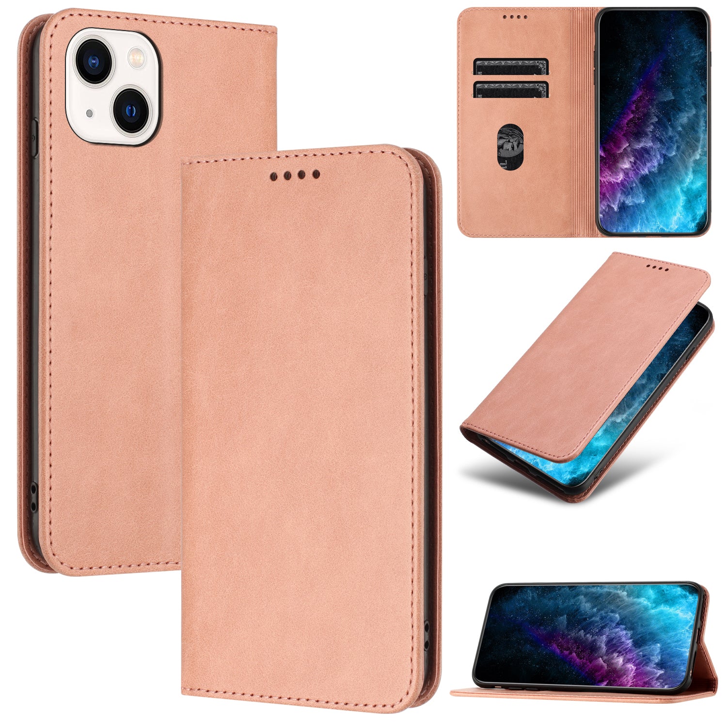 RFID Blocking Phone Stand Cover for iPhone 14 PU Leather Magnetic Closure Card Holder Case