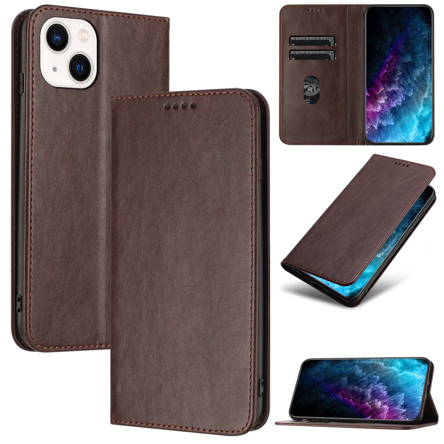 RFID Blocking Phone Stand Cover for iPhone 14 PU Leather Magnetic Closure Card Holder Case