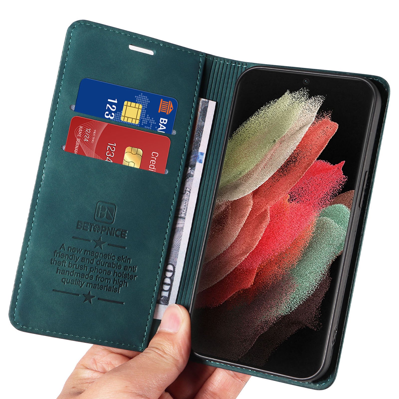 BETOPNICE 003 For Samsung Galaxy S21 Ultra 5G Leather Stand Phone Case RFID Blocking Wallet Cover