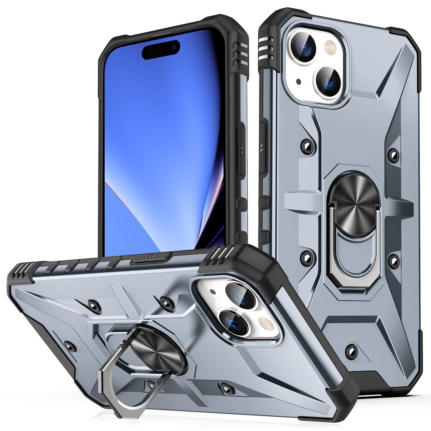 For iPhone 15 TPU PC Protective Phone Case Ring Holder Kickstand Back Cover