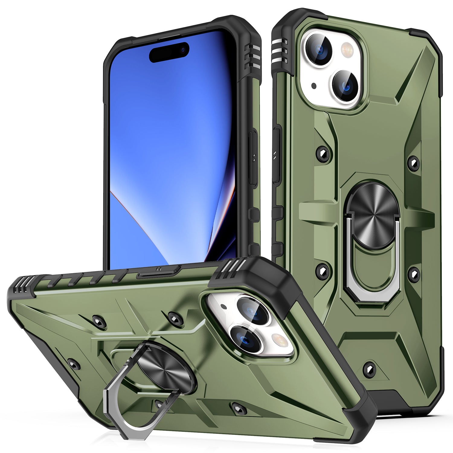For iPhone 15 TPU PC Protective Phone Case Ring Holder Kickstand Back Cover