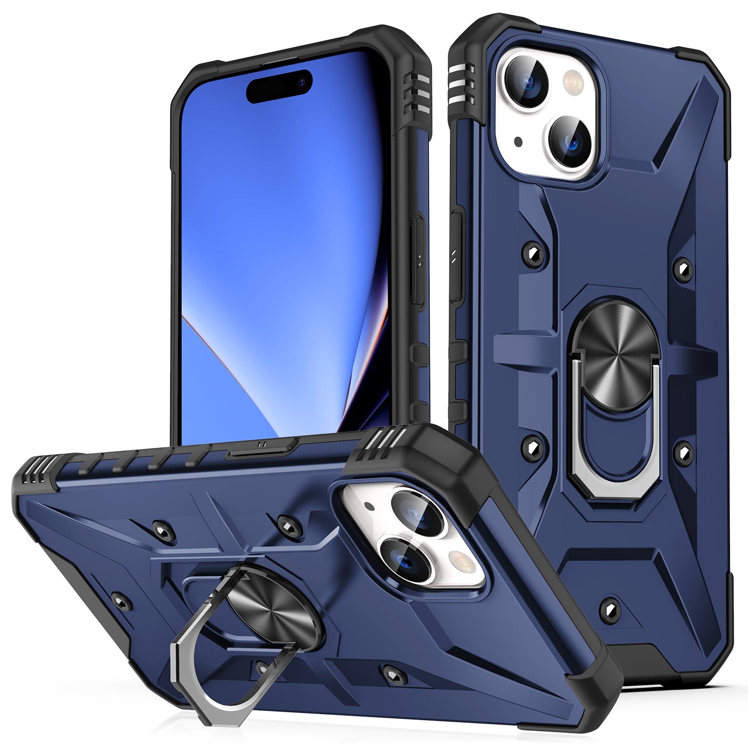 For iPhone 15 TPU PC Protective Phone Case Ring Holder Kickstand Back Cover