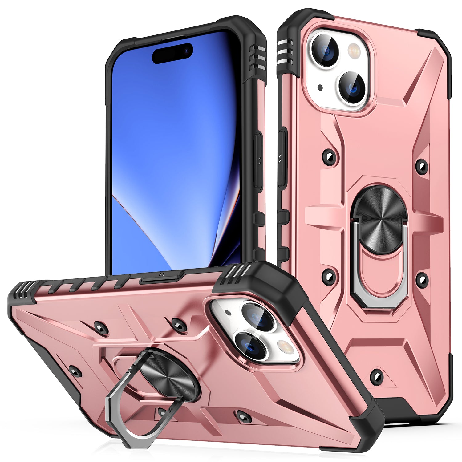 For iPhone 15 TPU PC Protective Phone Case Ring Holder Kickstand Back Cover