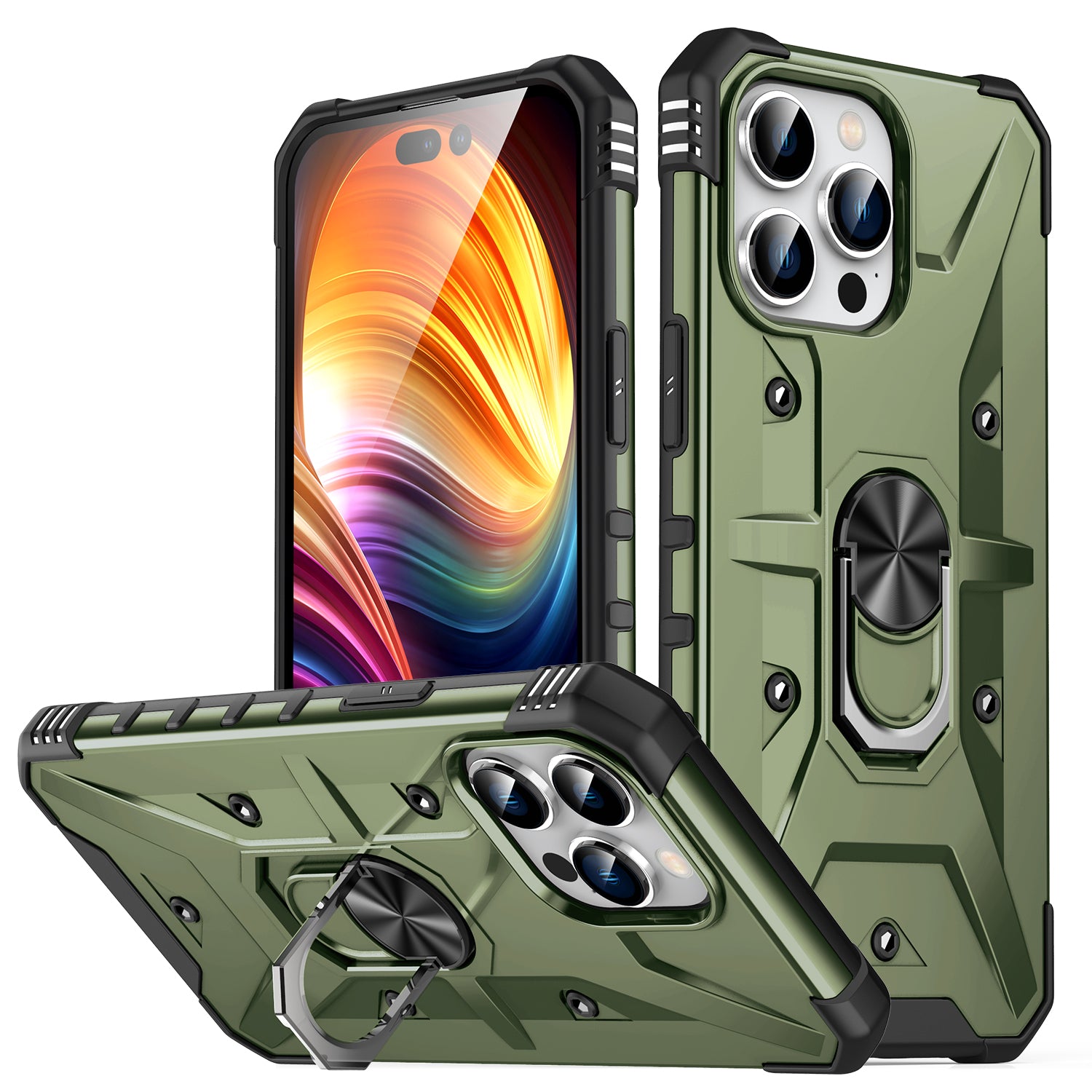 For iPhone 15 Pro PC TPU Phone Case Rotation Ring Holder Kickstand Cover