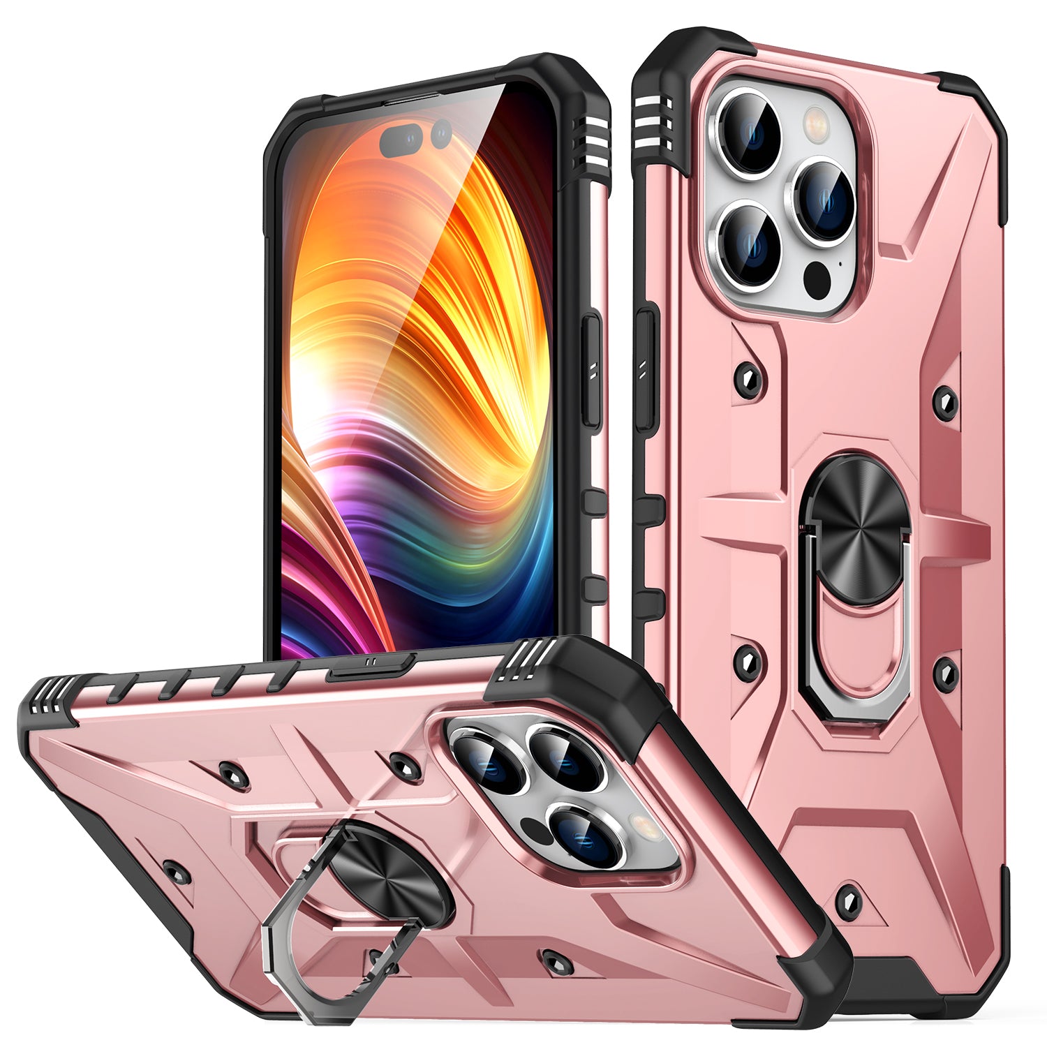 For iPhone 15 Pro PC TPU Phone Case Rotation Ring Holder Kickstand Cover