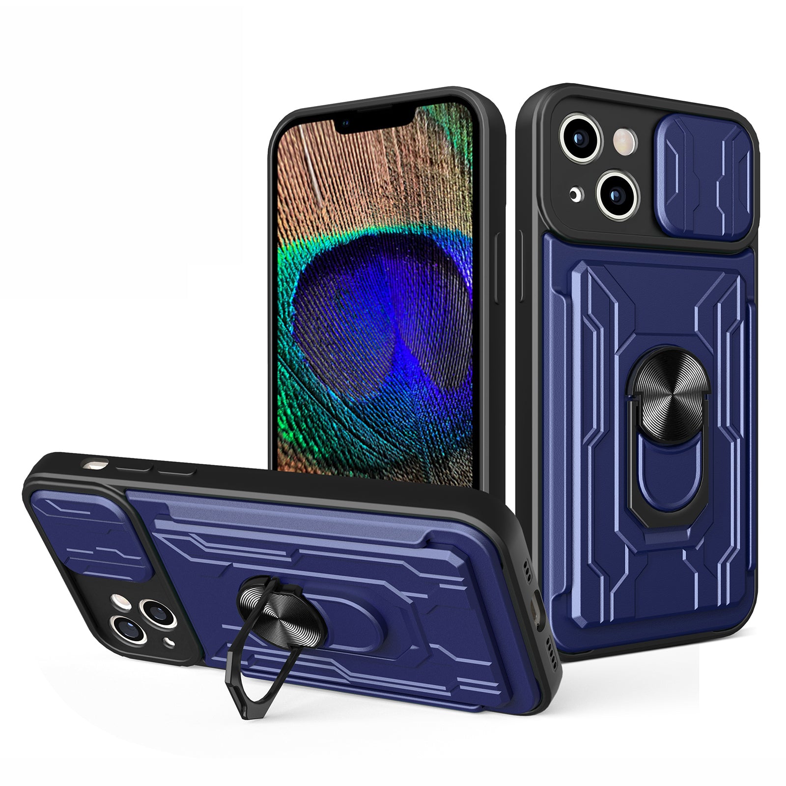 For iPhone 15 Plus Detachable Card Holder Phone Cover Slide Camera Protection Shell Kickstand Phone Case