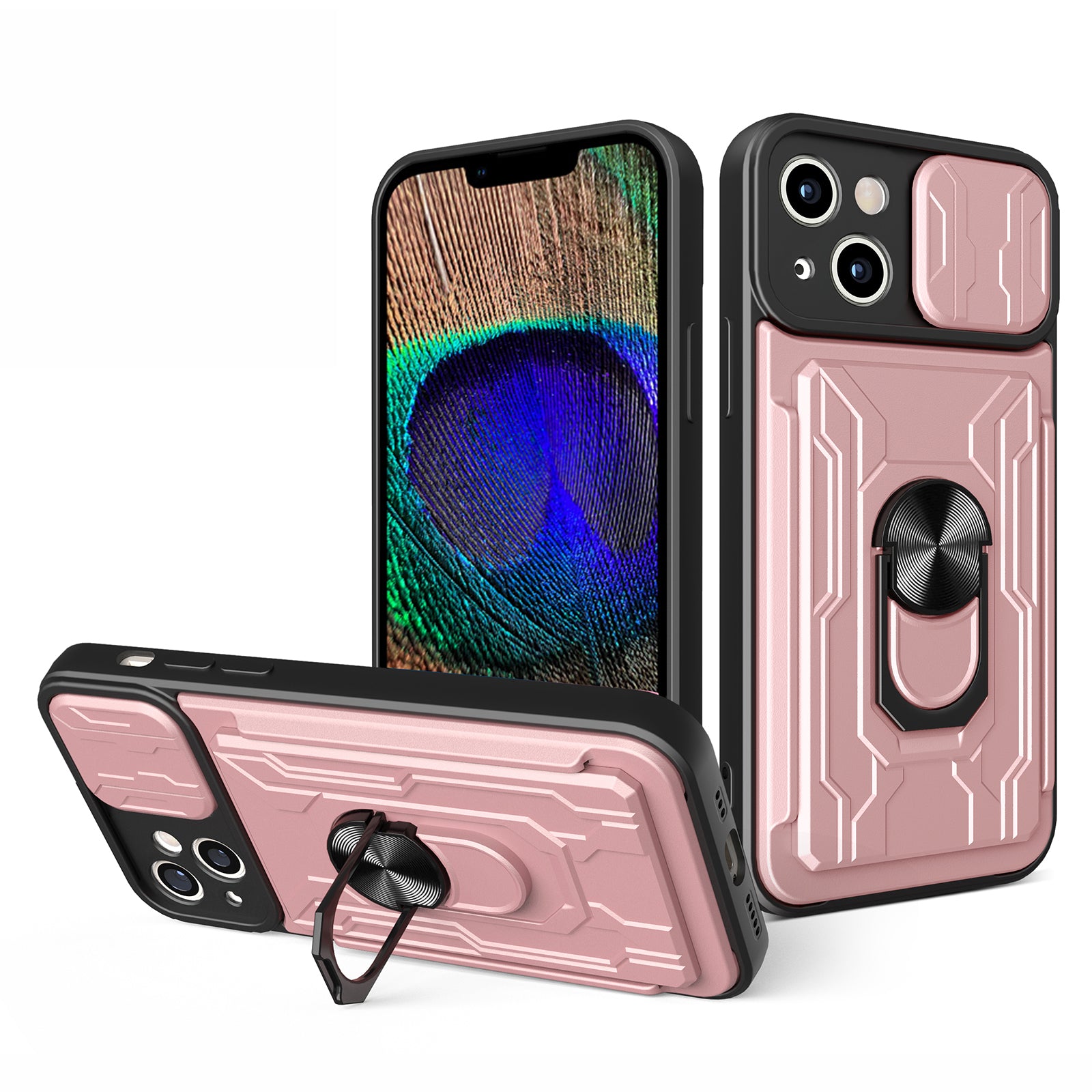 For iPhone 15 Plus Detachable Card Holder Phone Cover Slide Camera Protection Shell Kickstand Phone Case