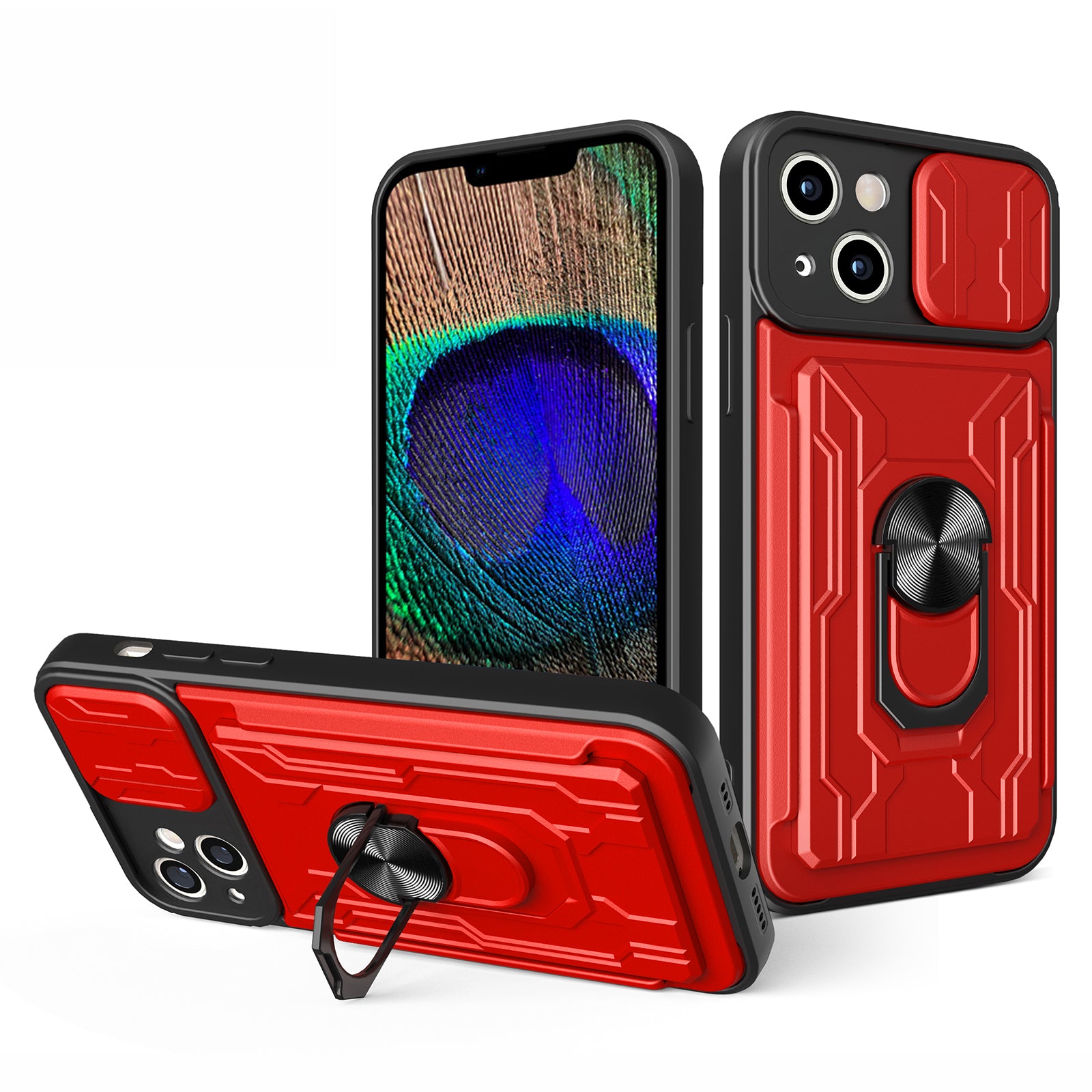 Kickstand Phone Case for iPhone 15 Multifunction Phone Shell with Card Holder and Slide Camera Protection