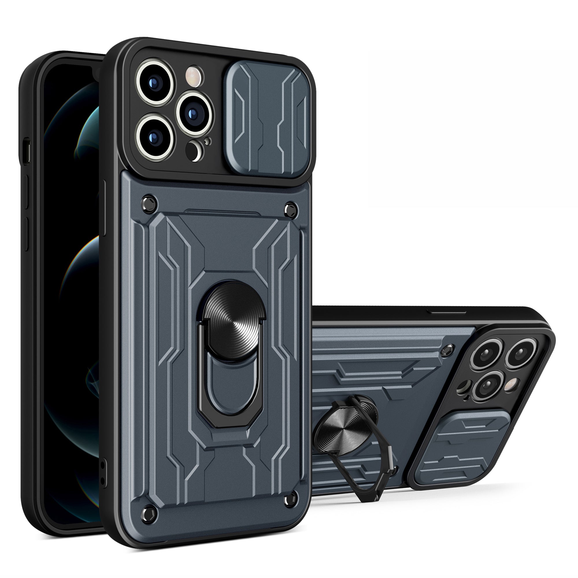 For iPhone 15 Pro Kickstand Phone Case Card Holder Cover with Slide Camera Protection