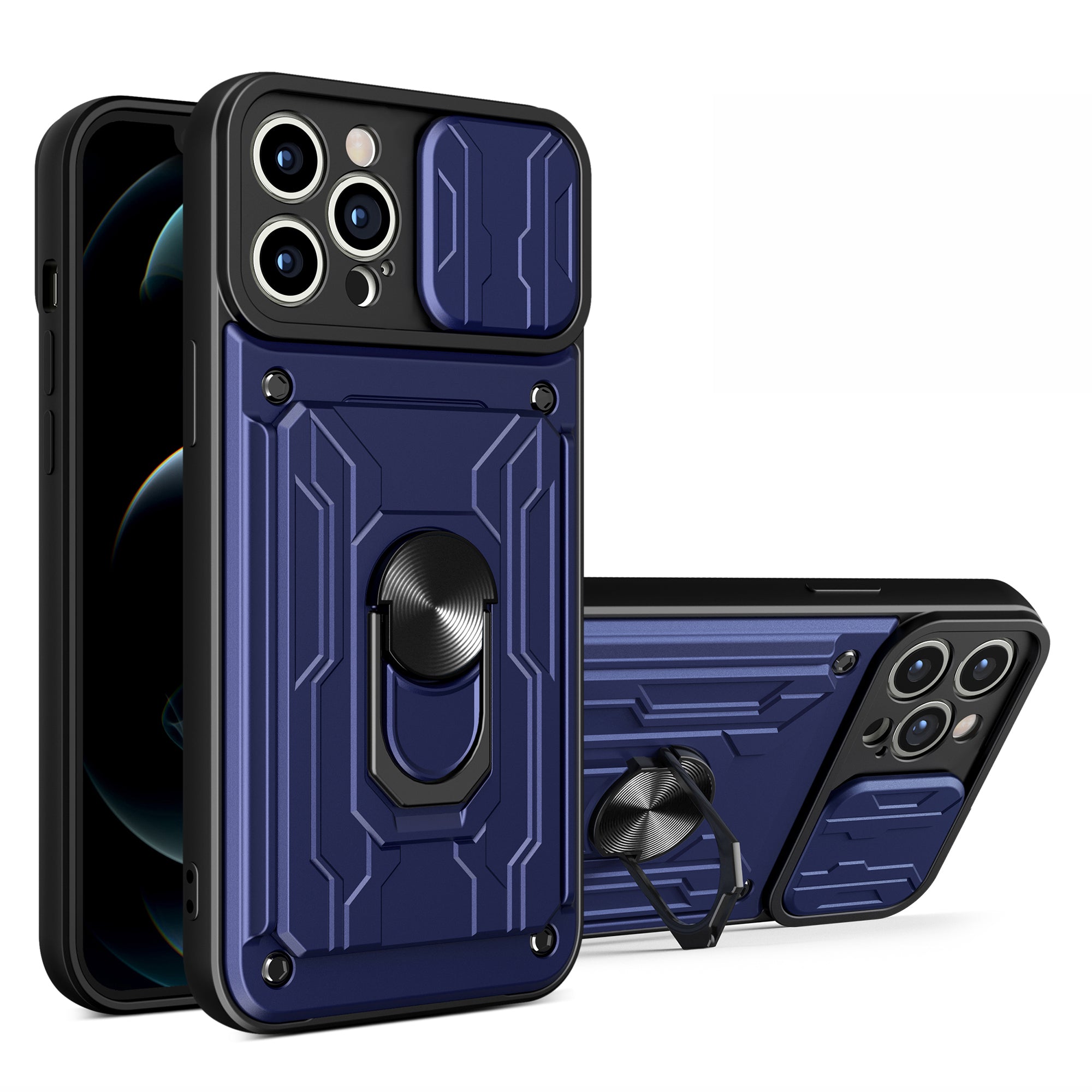 For iPhone 15 Pro Kickstand Phone Case Card Holder Cover with Slide Camera Protection