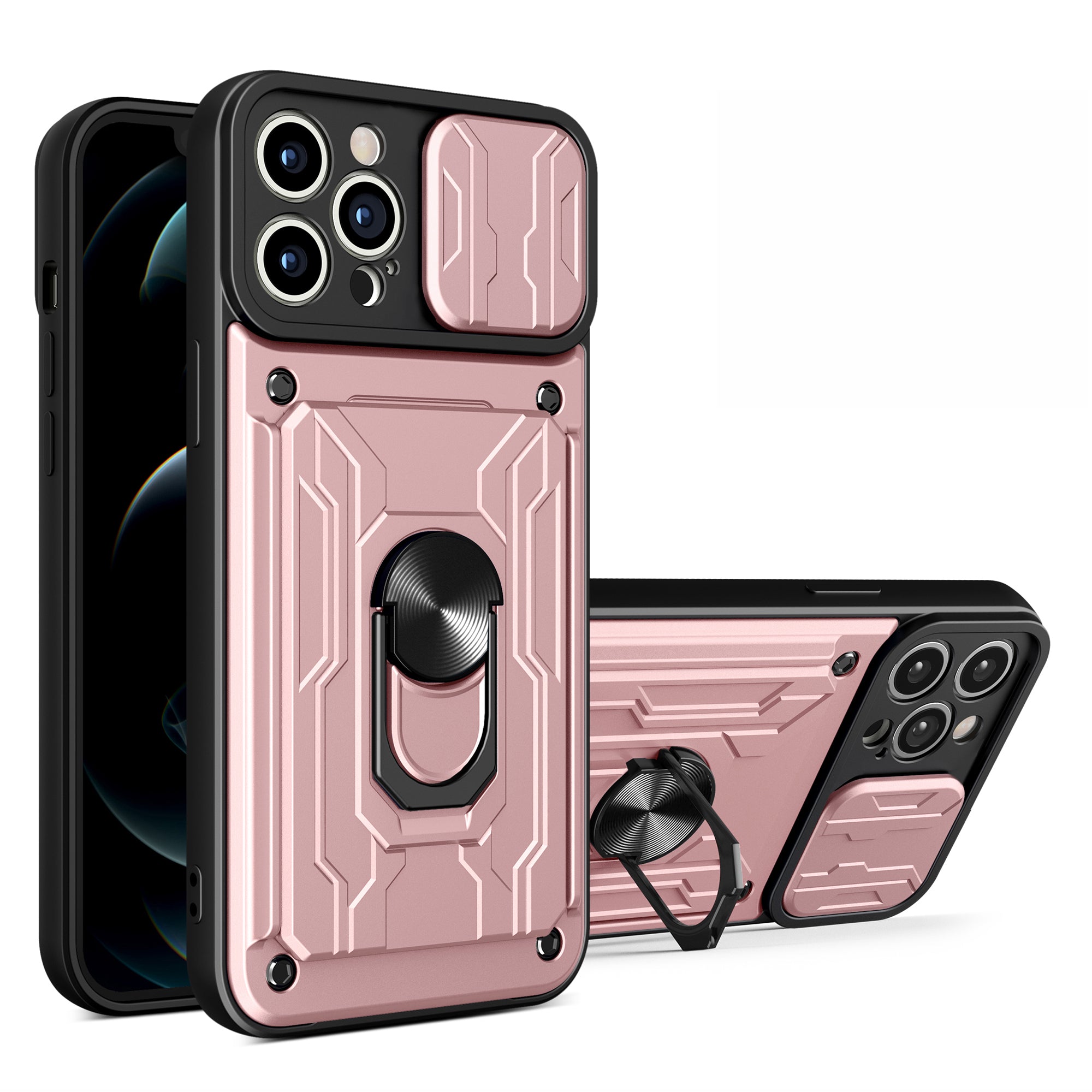 For iPhone 15 Pro Kickstand Phone Case Card Holder Cover with Slide Camera Protection