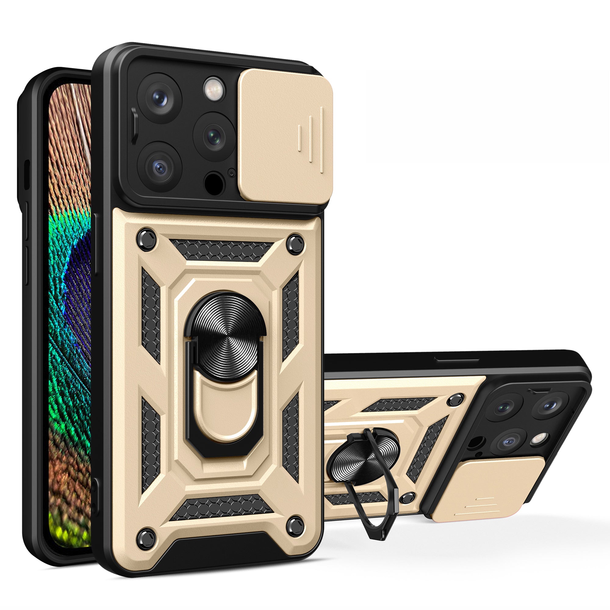 For iPhone 15 Pro Anti-Dust Cell Phone Case PC TPU Kickstand Camera Lens Slide Cover Phone Shell