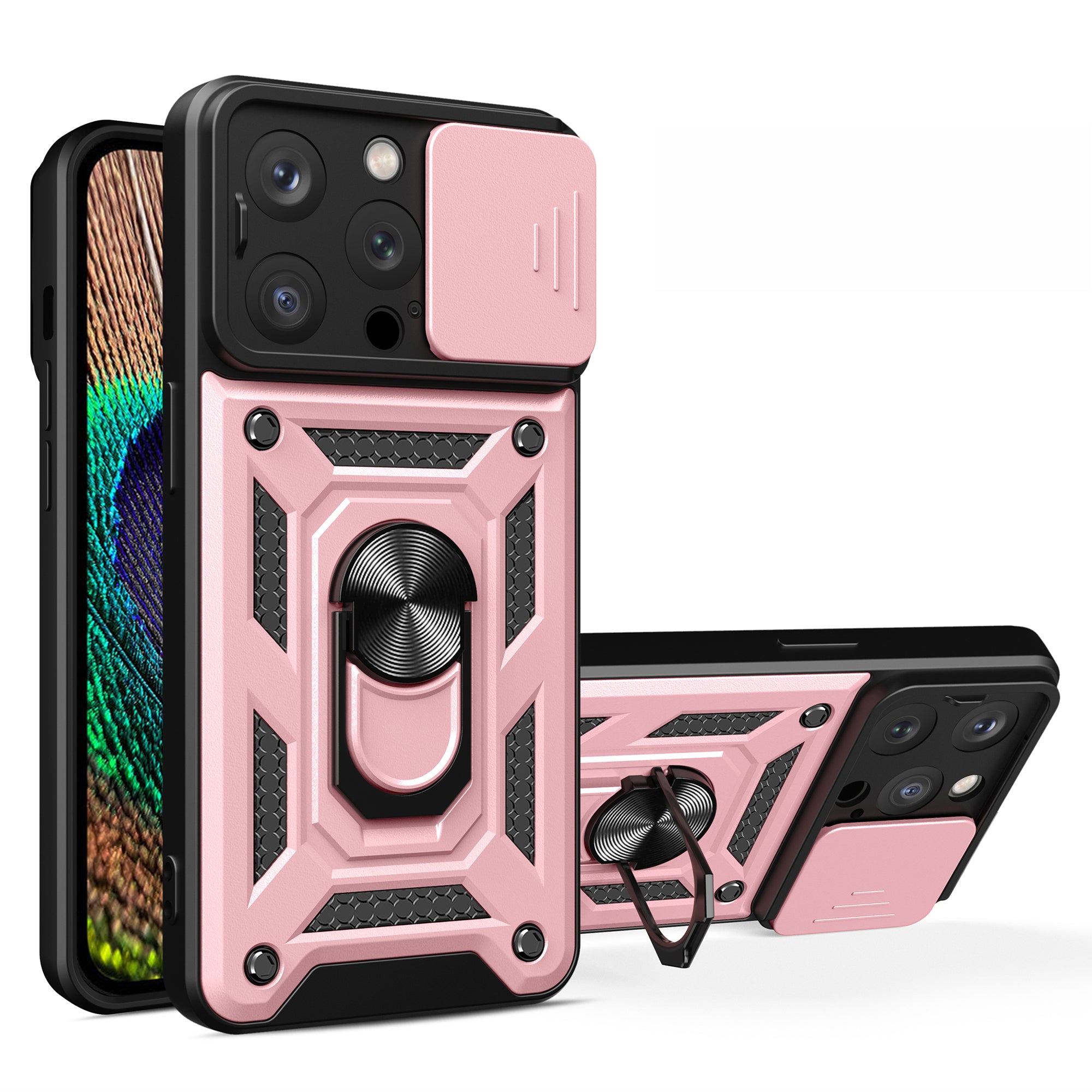For iPhone 15 Pro Anti-Dust Cell Phone Case PC TPU Kickstand Camera Lens Slide Cover Phone Shell