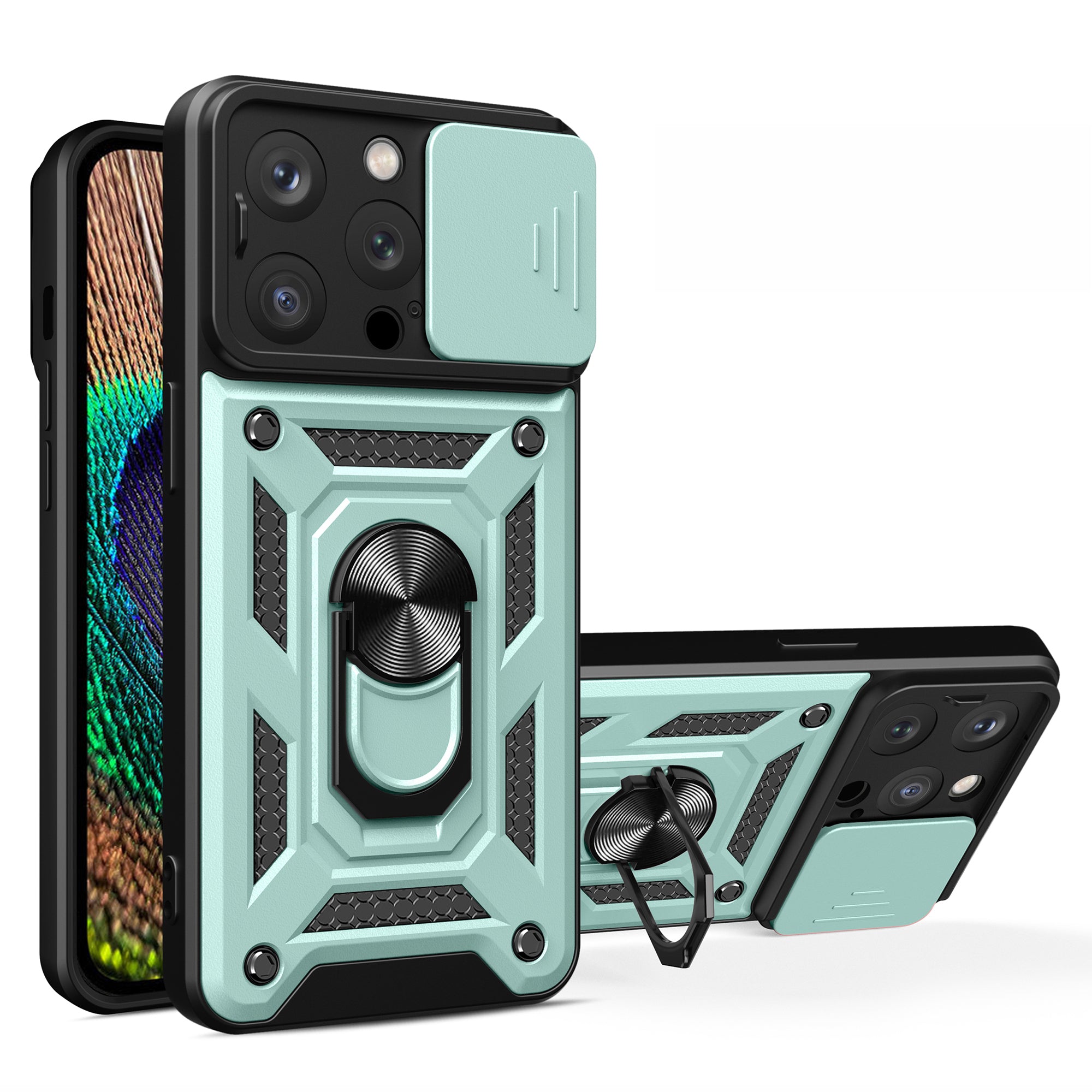 For iPhone 15 Pro Anti-Dust Cell Phone Case PC TPU Kickstand Camera Lens Slide Cover Phone Shell