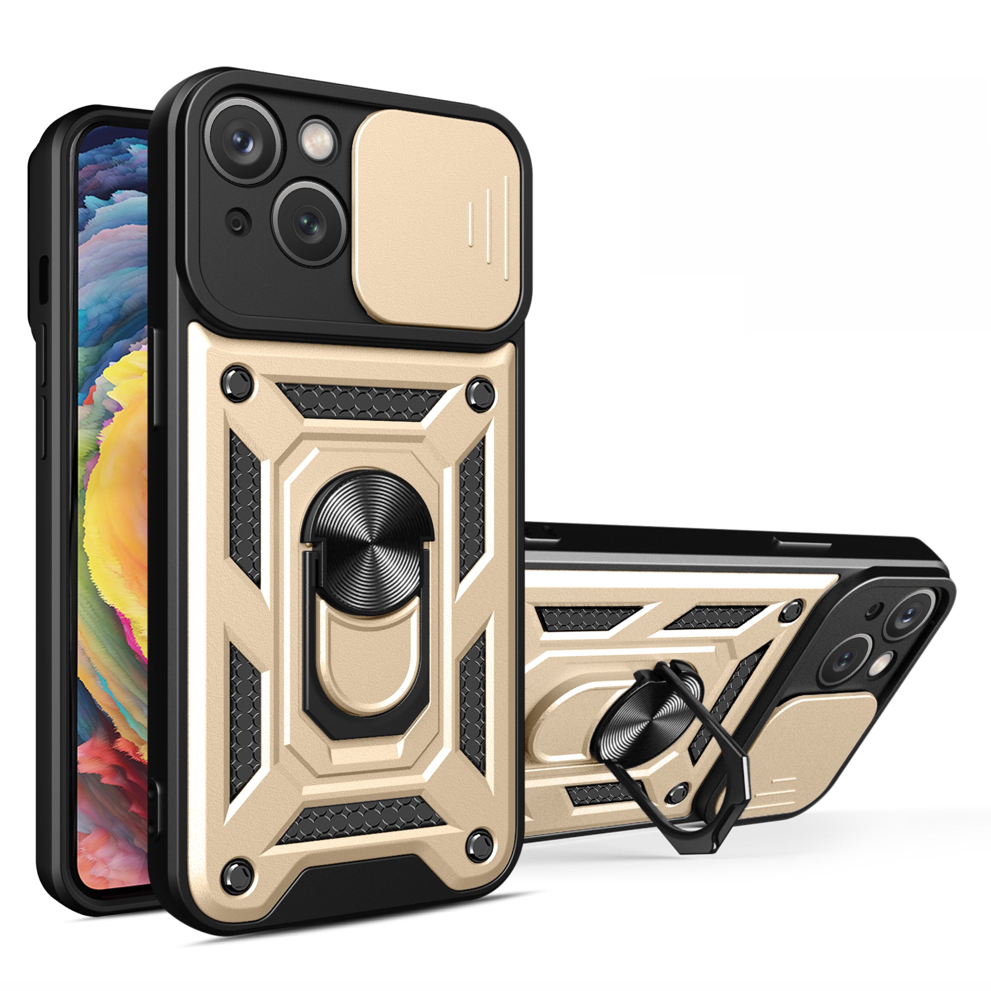 For iPhone 15 Plus Anti-Fingerprint Phone Case PC TPU Kickstand Cover with Rear Lens Protection