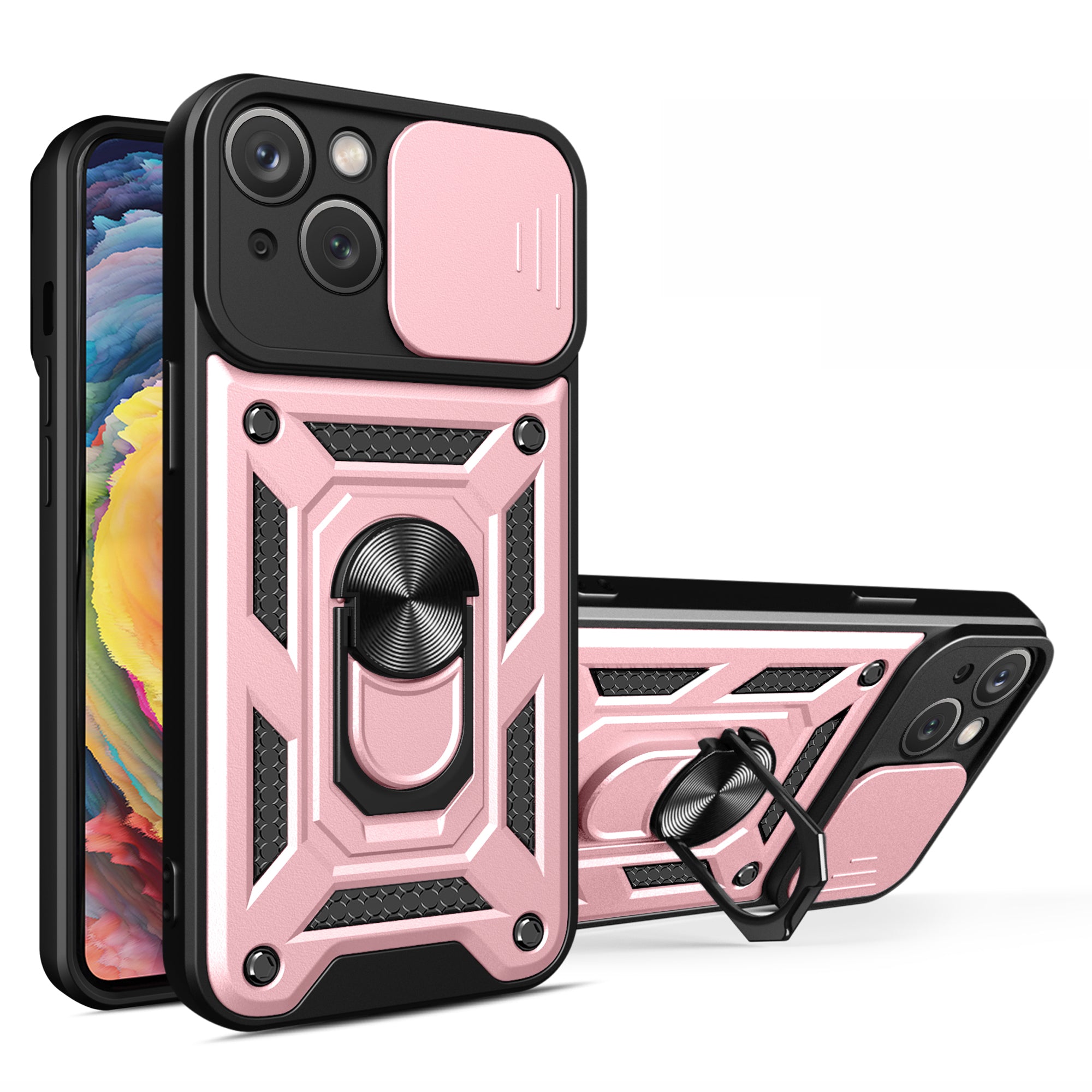 For iPhone 15 Plus Anti-Fingerprint Phone Case PC TPU Kickstand Cover with Rear Lens Protection