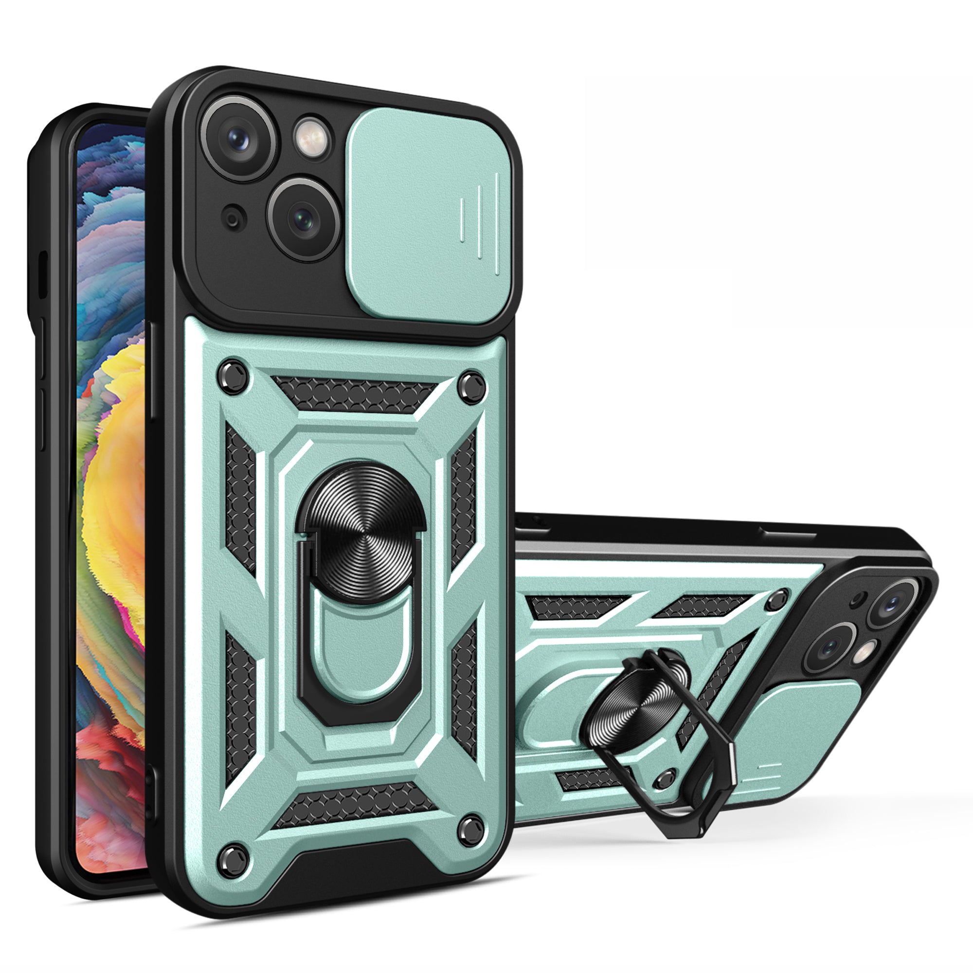 For iPhone 15 Plus Anti-Fingerprint Phone Case PC TPU Kickstand Cover with Rear Lens Protection