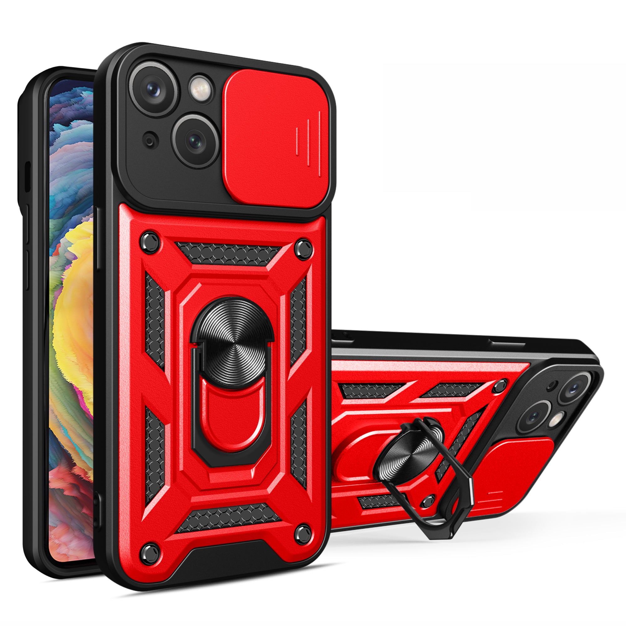 For iPhone 15 Plus Anti-Fingerprint Phone Case PC TPU Kickstand Cover with Rear Lens Protection