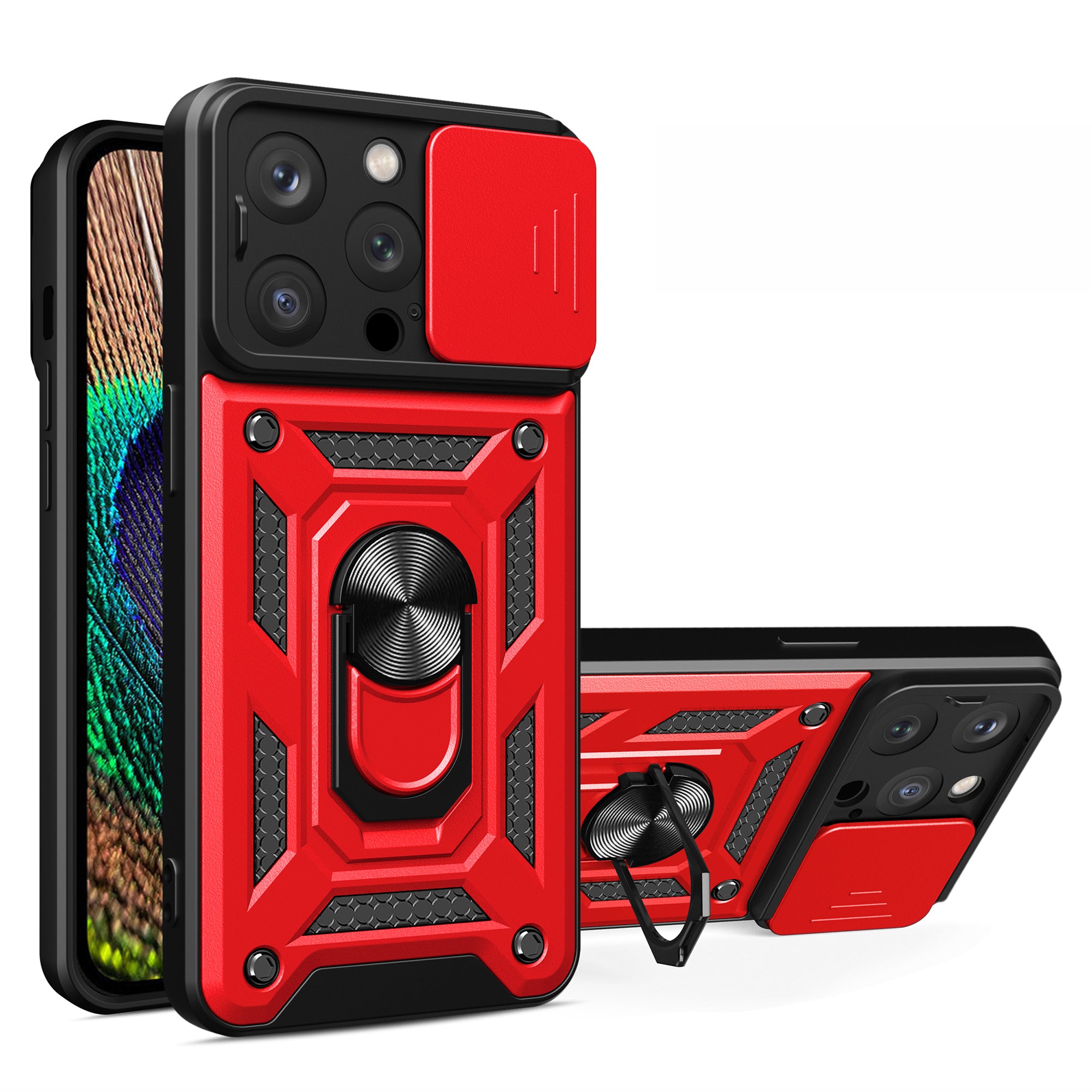 Pro iPhone 15 Pro Max Objektiv fotoaparátu Slide Design Pouzdro na telefon PC TPU Kickstand Kryt