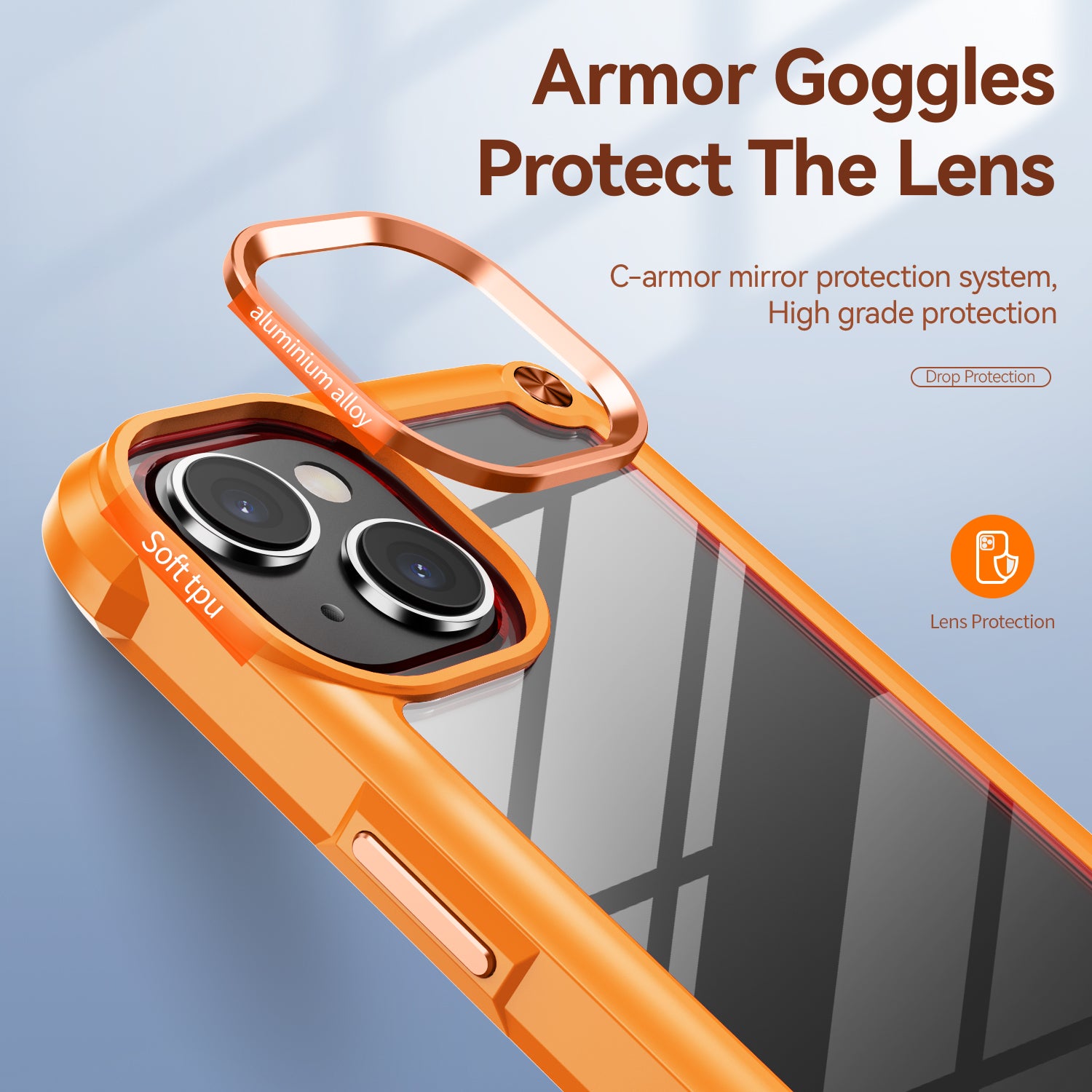 For iPhone 15 Drop-Proof Phone Case Alloy Lens Frame PC TPU Hybrid Back Cover