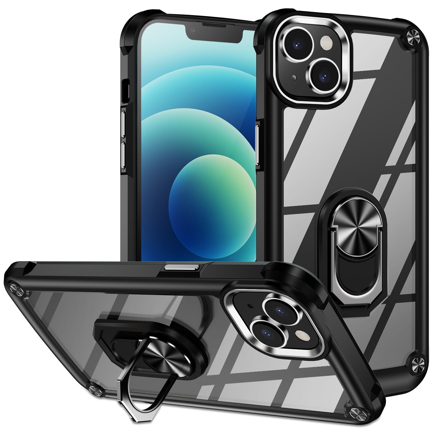 For iPhone 15 Plus Ring Kickstand Phone Case Alloy Lens Frame PC TPU Protective Cover