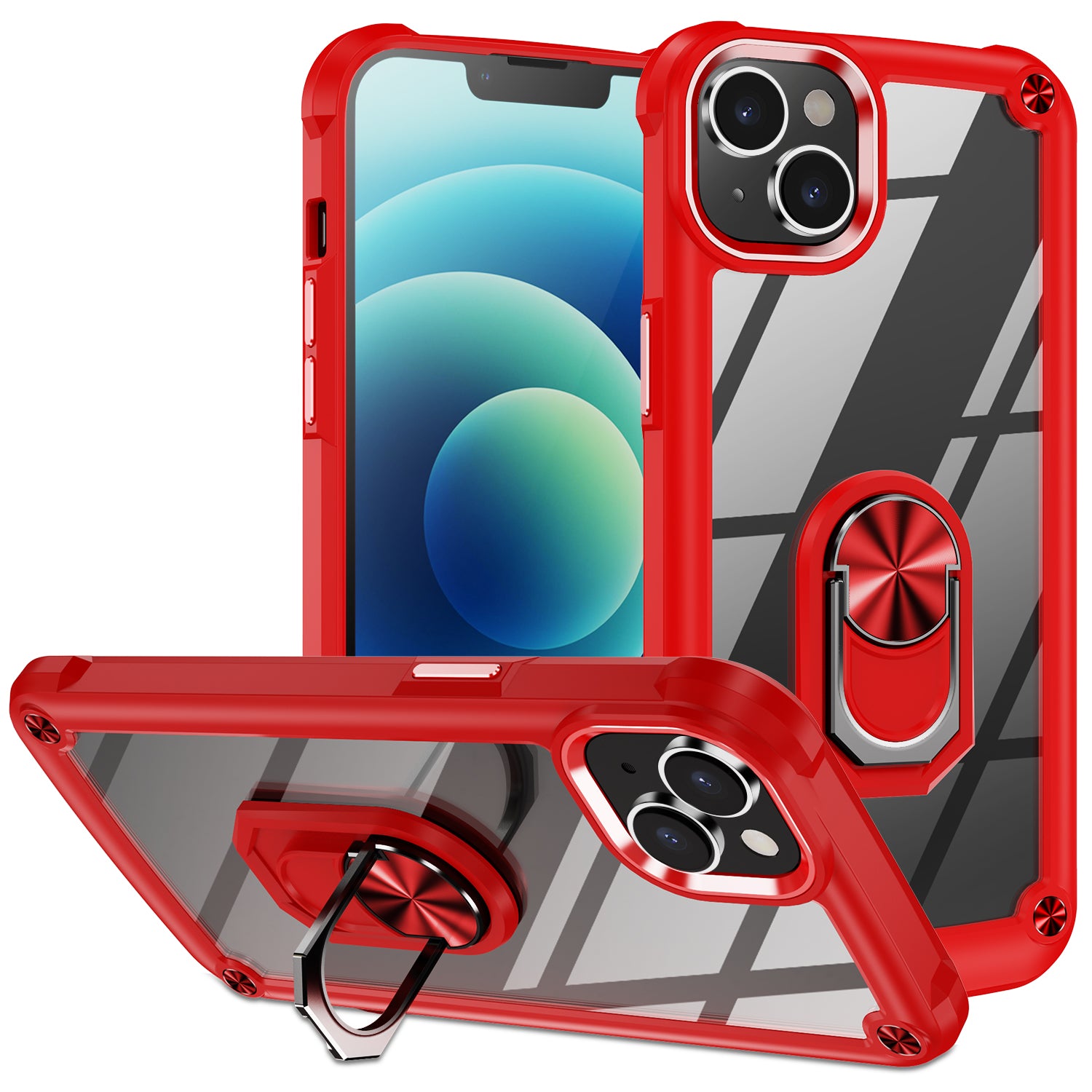 For iPhone 15 Plus Ring Kickstand Phone Case Alloy Lens Frame PC TPU Protective Cover