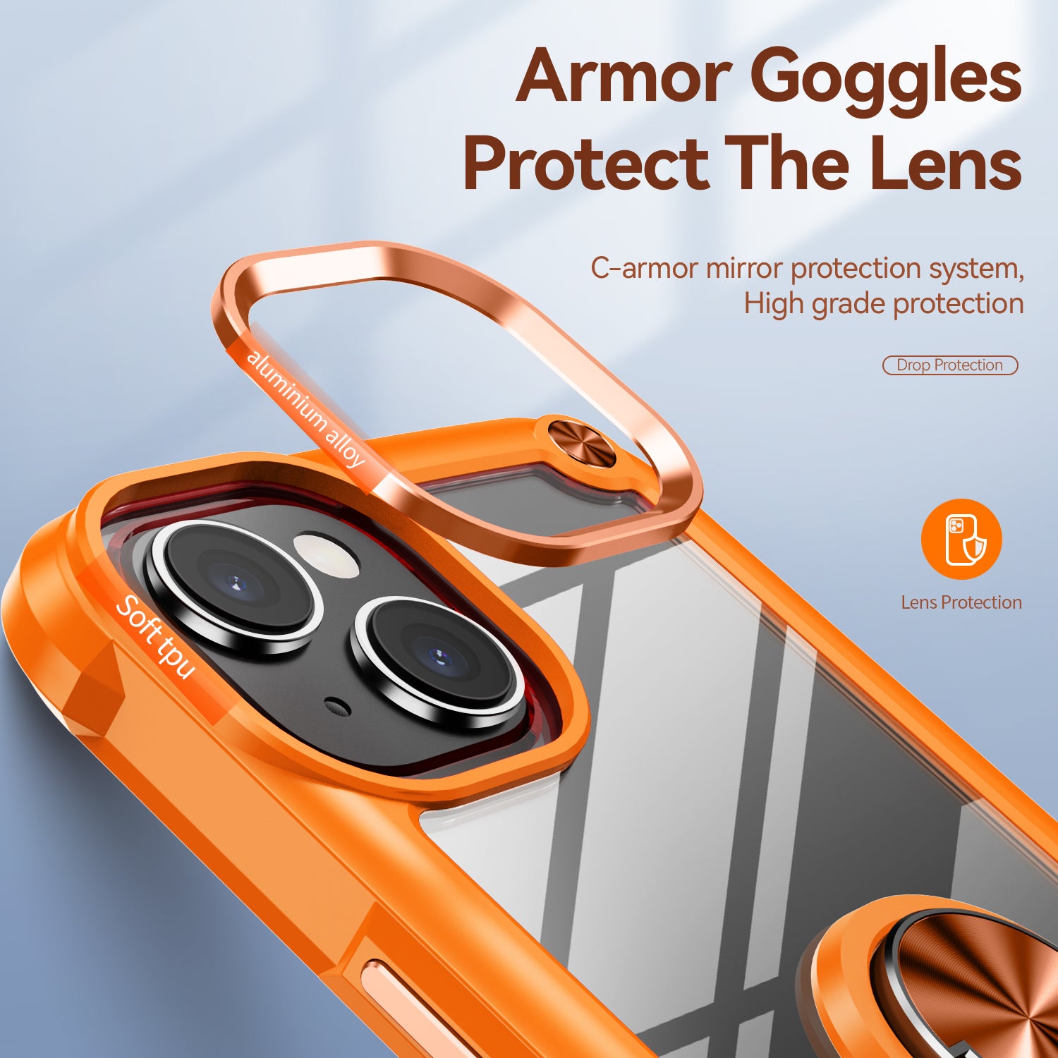 Pro iPhone 15 Plus Ring Kickstand Pouzdro na telefon Slitinový rámeček objektivu PC TPU ochranný kryt