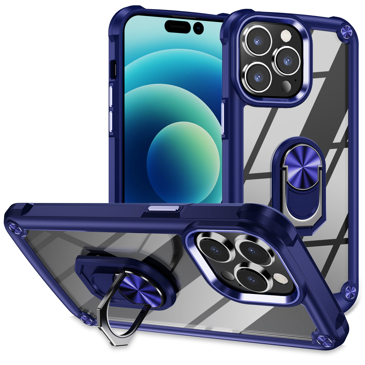 For iPhone 15 Pro Protective Kickstand Case Alloy Lens Frame PC TPU Phone Cover