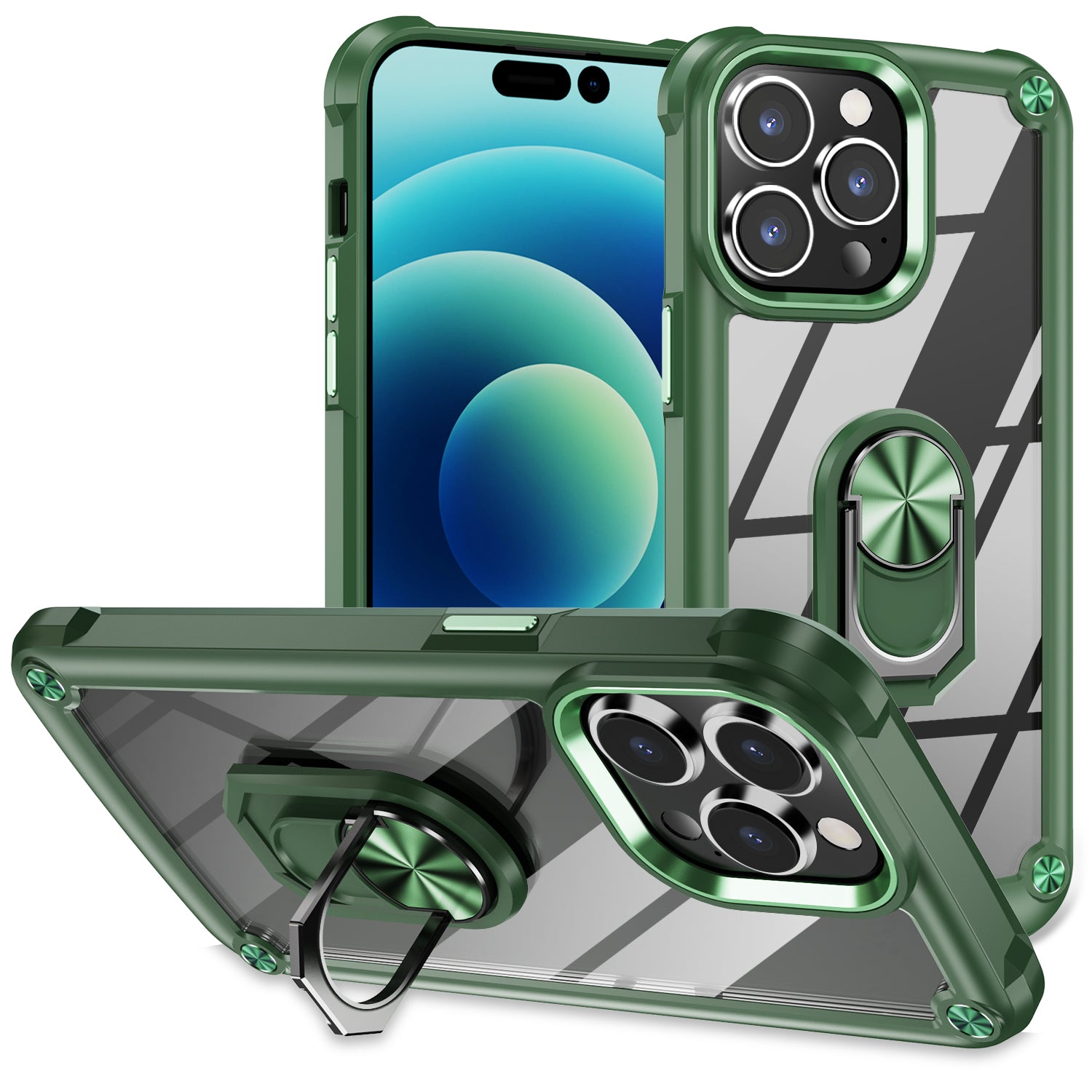 For iPhone 15 Pro Protective Kickstand Case Alloy Lens Frame PC TPU Phone Cover