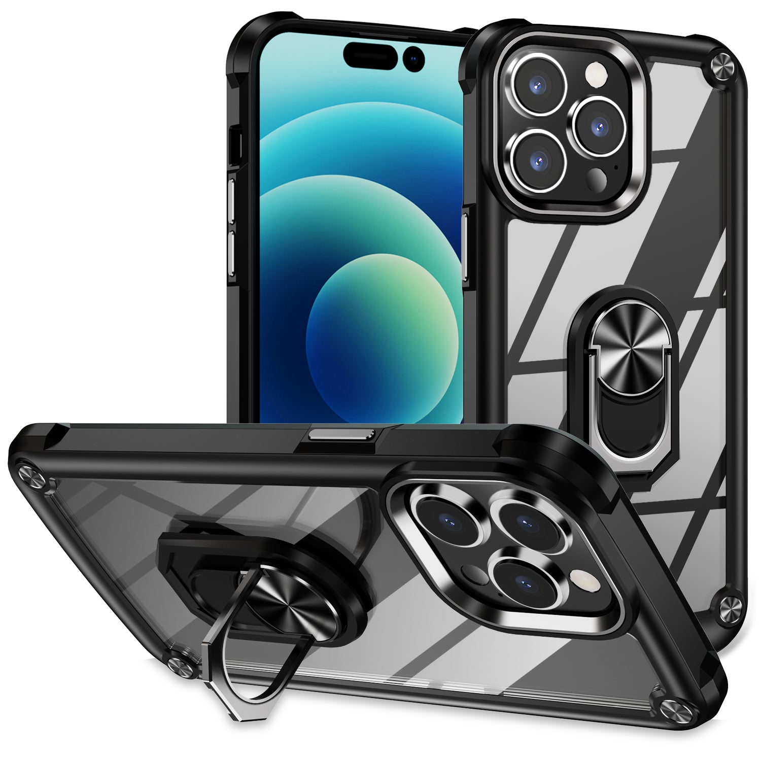 Ring Kickstand Case til iPhone 15 Pro Max Beskyttelsesetui Alloy Lens Frame PC TPU telefoncover