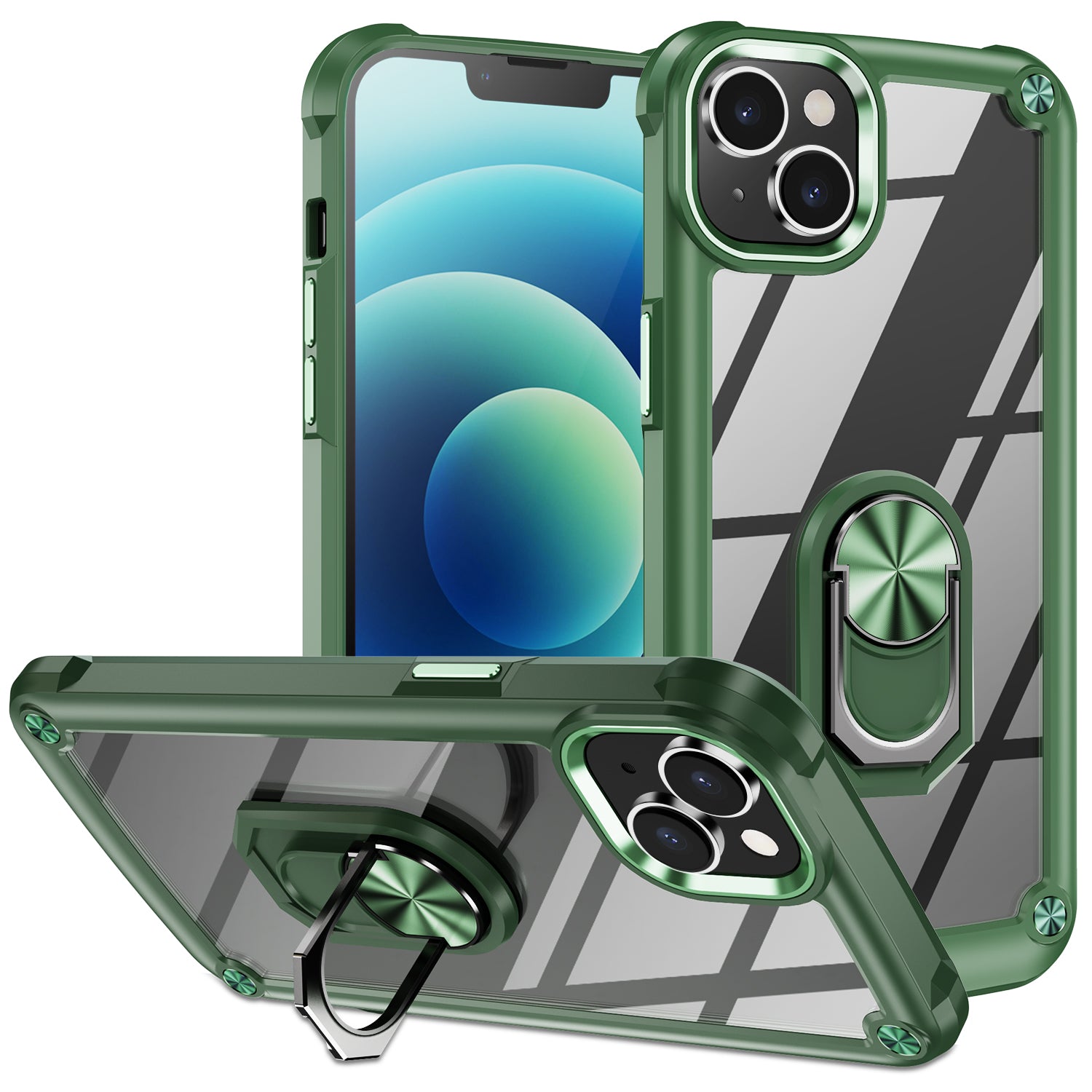 For iPhone 15 Shockproof Case Ring Kickstand PC TPU Phone Cover with Alloy Lens Frame